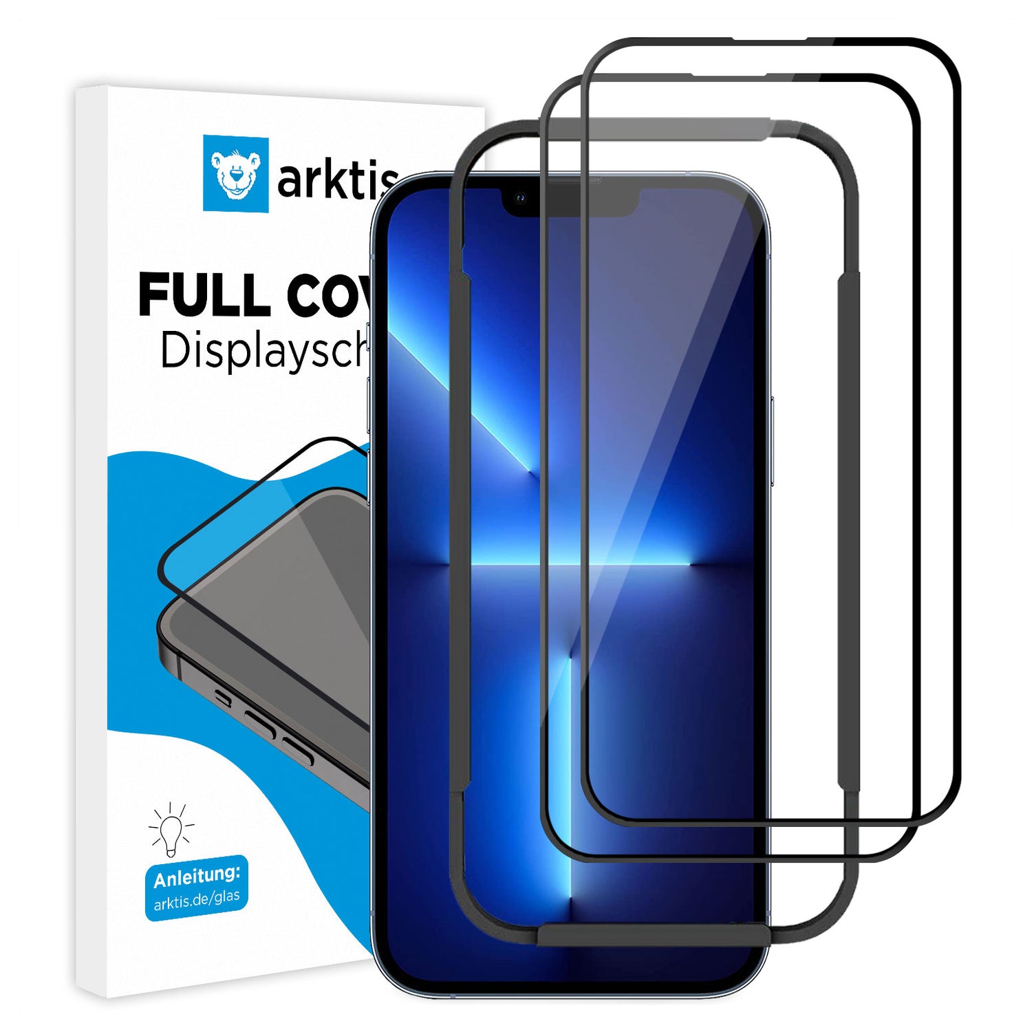 Zwei ArktisPRO iPhone 13 Pro Max FULL COVER Displayschutz-Gläser (2er Set, hüllenfreundlich, 9H Härte) liegen neben einem Smartphone und einer Box mit dem Aufdruck „Full Cover Displayschutz by arktis“.