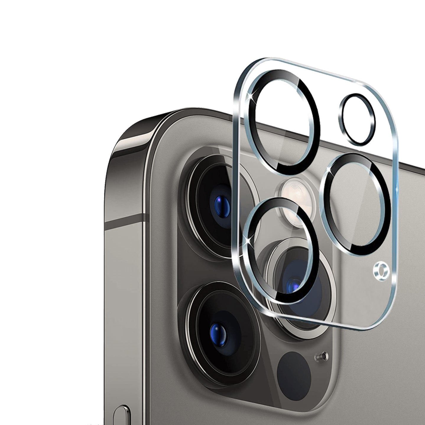 Nahaufnahme einer Smartphone-Kamera mit einem transparenten Linsenschutz über den Linsen.