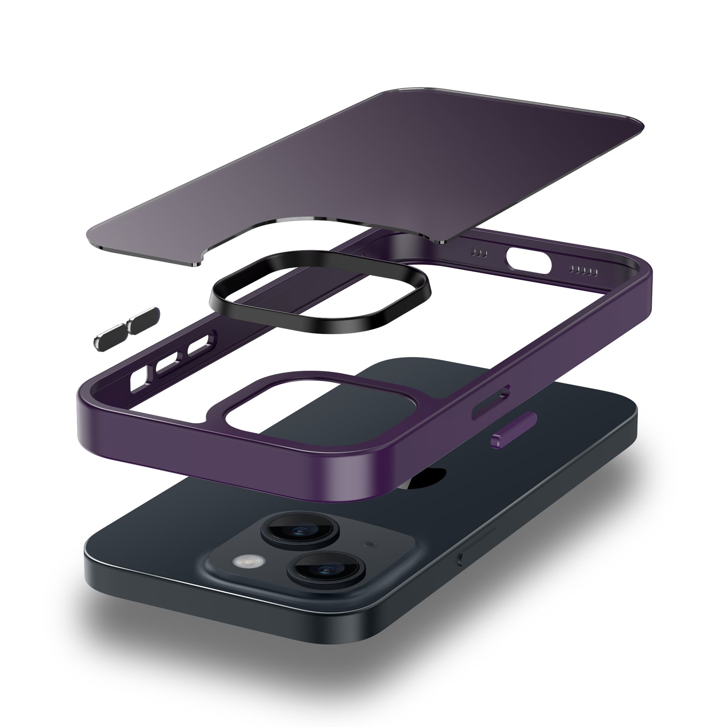 Explosionszeichnung des MR PROTECT iPhone 14 Case Matt in Lila aus stoßdämpfendem TPU-Silikon, die seine Komponenten über einem schwarzen Smartphone auf weißem Hintergrund zeigt.