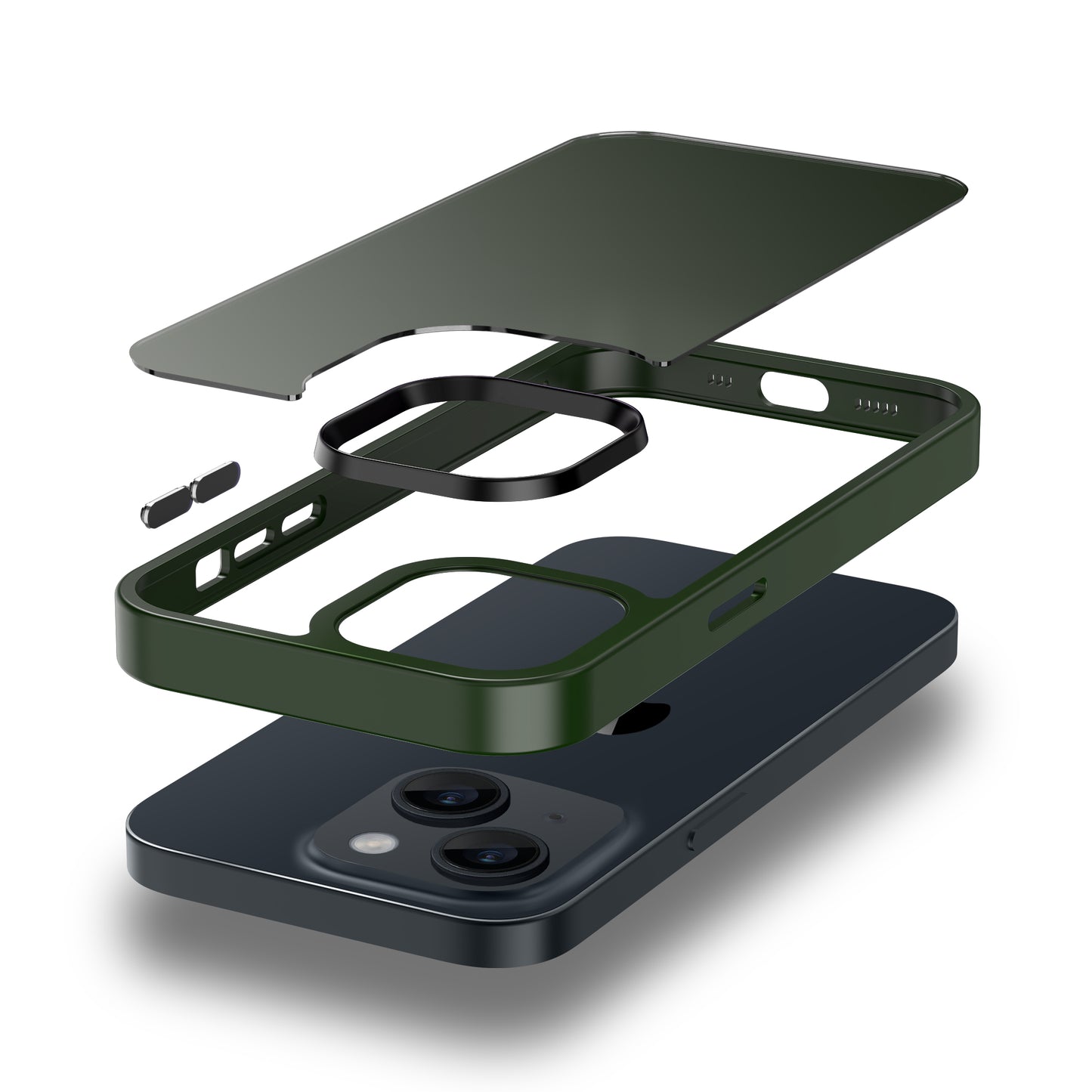 Explosionszeichnung des MR PROTECT iPhone 14 Case Matt von MR PROTECT in Grün mit stoßdämpfenden TPU-Silikon-Komponenten über einem schwarzen Smartphone auf weißem Hintergrund.