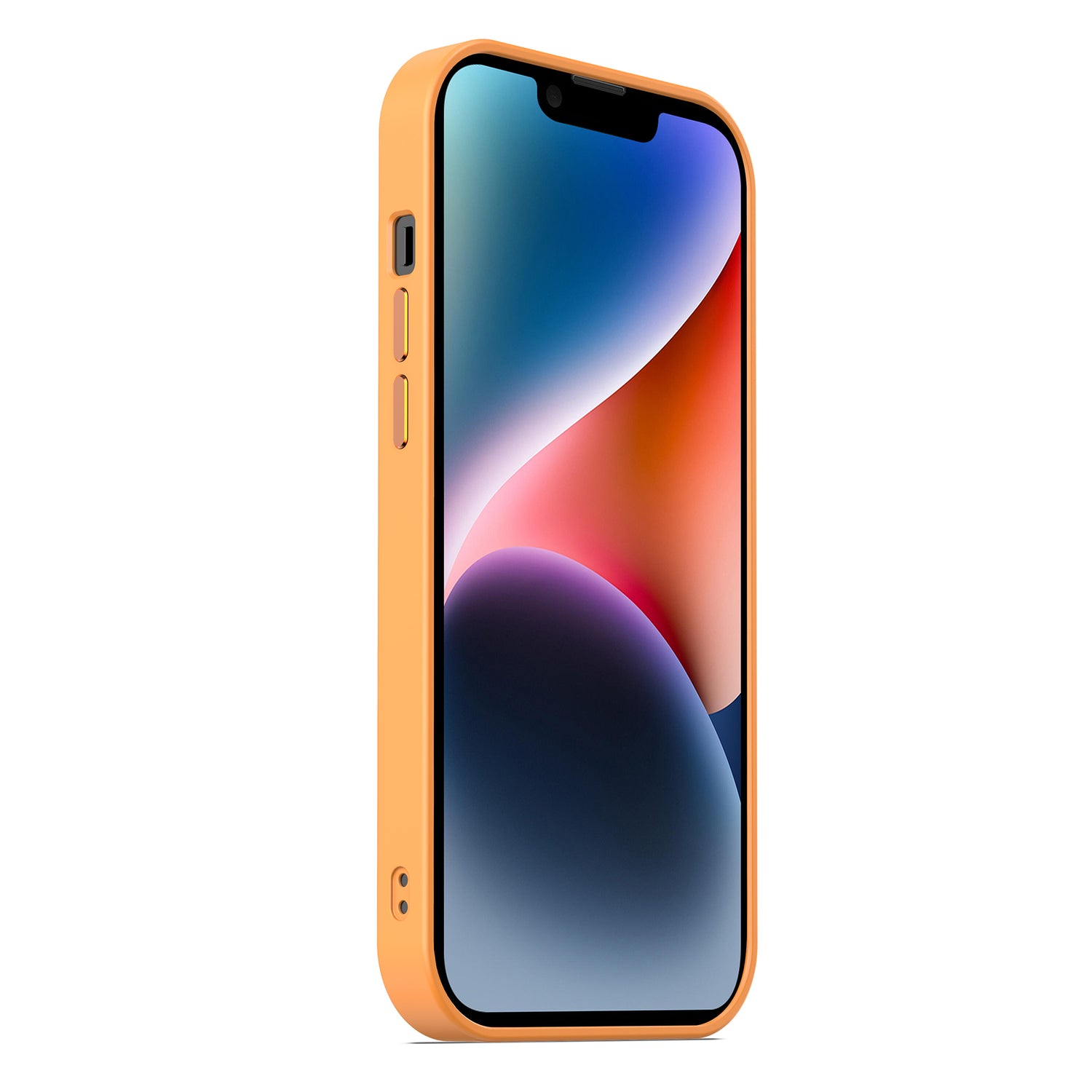 Das MR PROTECT iPhone 14 Case Matt von MR PROTECT wird von vorne links gezeigt und zeigt die seitlichen Tasten und einen Teil der Unterkante. Im Inneren der Hülle befindet sich ein iPhone 14 mit einem farbenfrohen abstrakten Hintergrundbild.