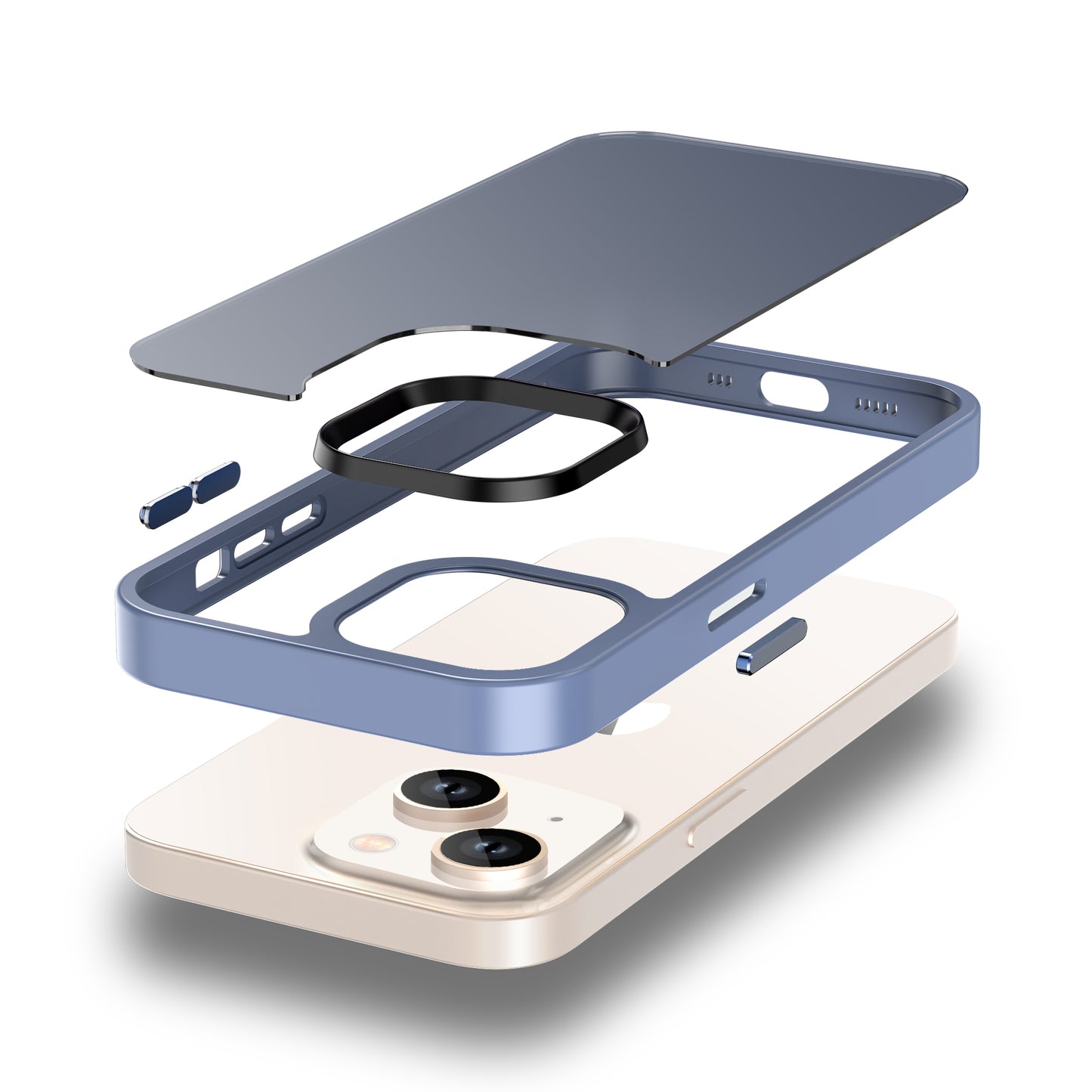 Explosionsansicht des MR PROTECT iPhone 14 Case Matt von MR PROTECT mit minimalistischem mattem Design mit separatem Gehäuse, Tastenabdeckungen und Kameraschutzteilen, die über dem Telefon angezeigt werden.
