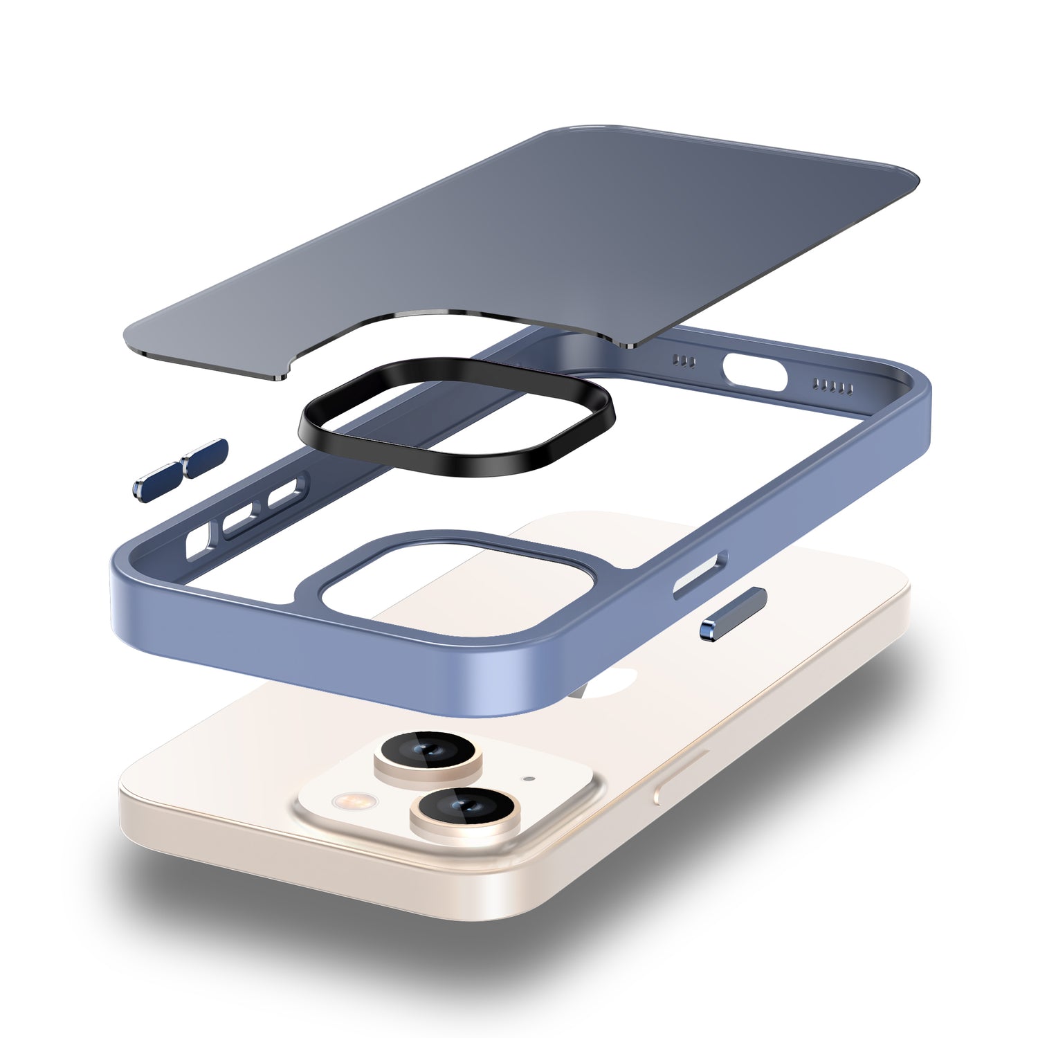 Explosionsansicht des MR PROTECT iPhone 14 Case Matt von MR PROTECT mit minimalistischem mattem Design mit separatem Gehäuse, Tastenabdeckungen und Kameraschutzteilen, die über dem Telefon angezeigt werden.