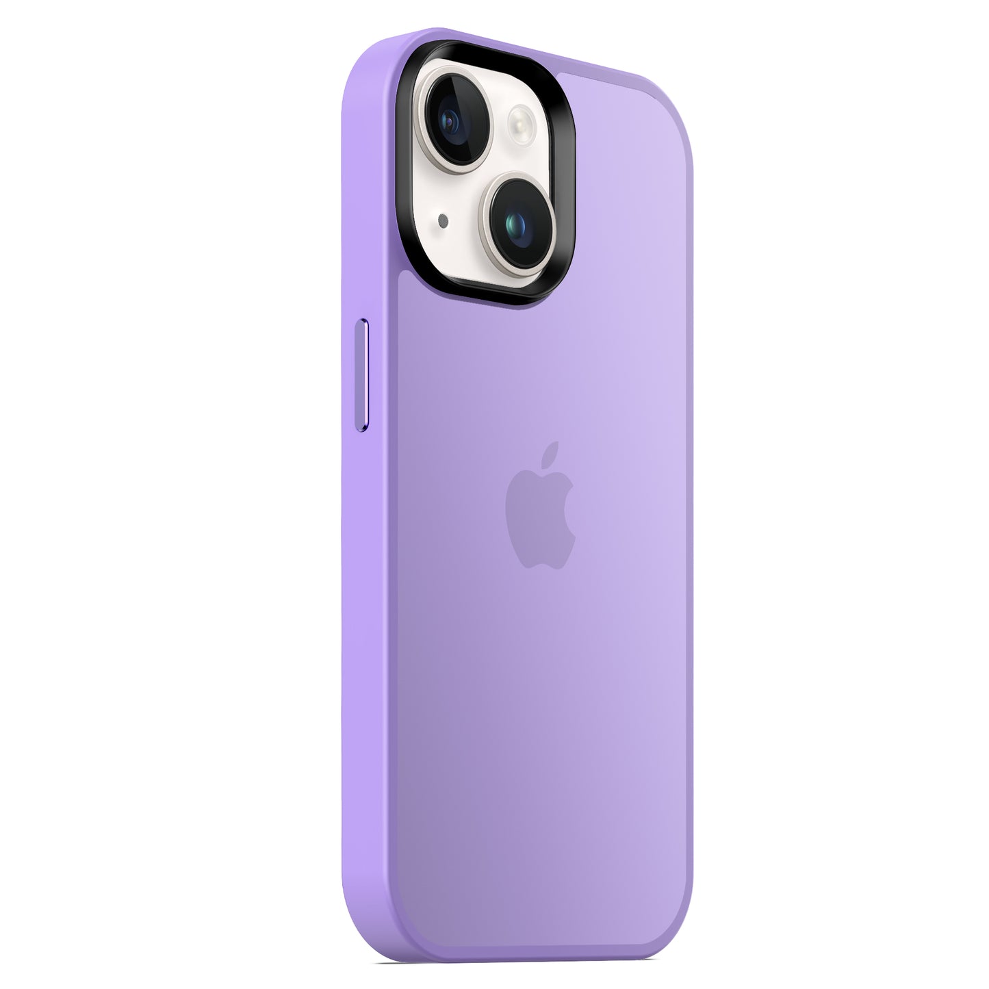 Das MR PROTECT iPhone 15 Case Matt ist eine violette, minimalistische Rück- und Seitenabdeckung mit einem Apple-Logo, präzisen Aussparungen für die beiden Rückkameras und die Seitentaste sowie zuverlässiger Stoßdämpfung.