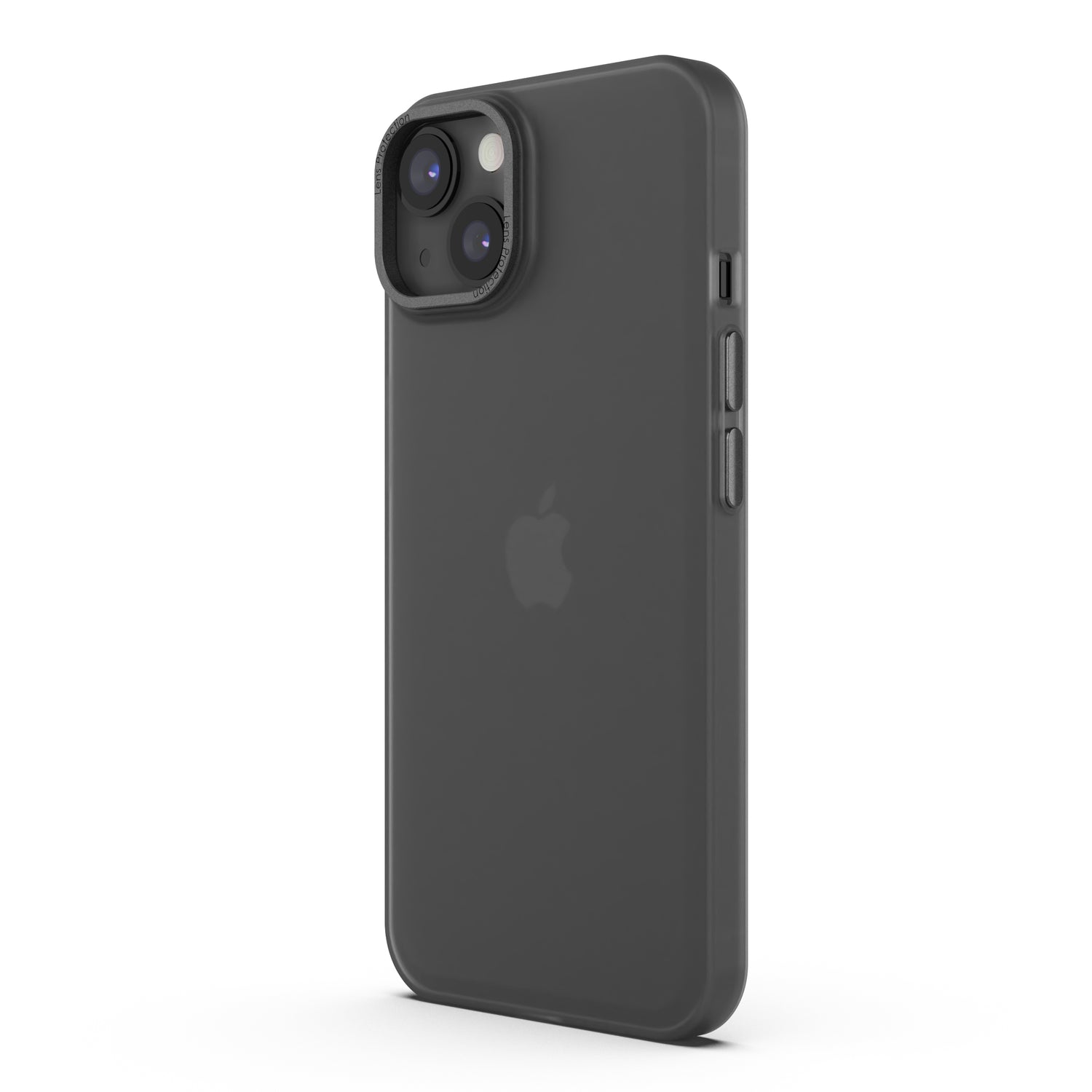 Das MR PROTECT iPhone 15 Plus FROZEN Case aus mattschwarzem Polycarbonat wird auf einem schwarzen iPhone mit zwei Rückkameras gezeigt, von der Rückseite aus schräg betrachtet.