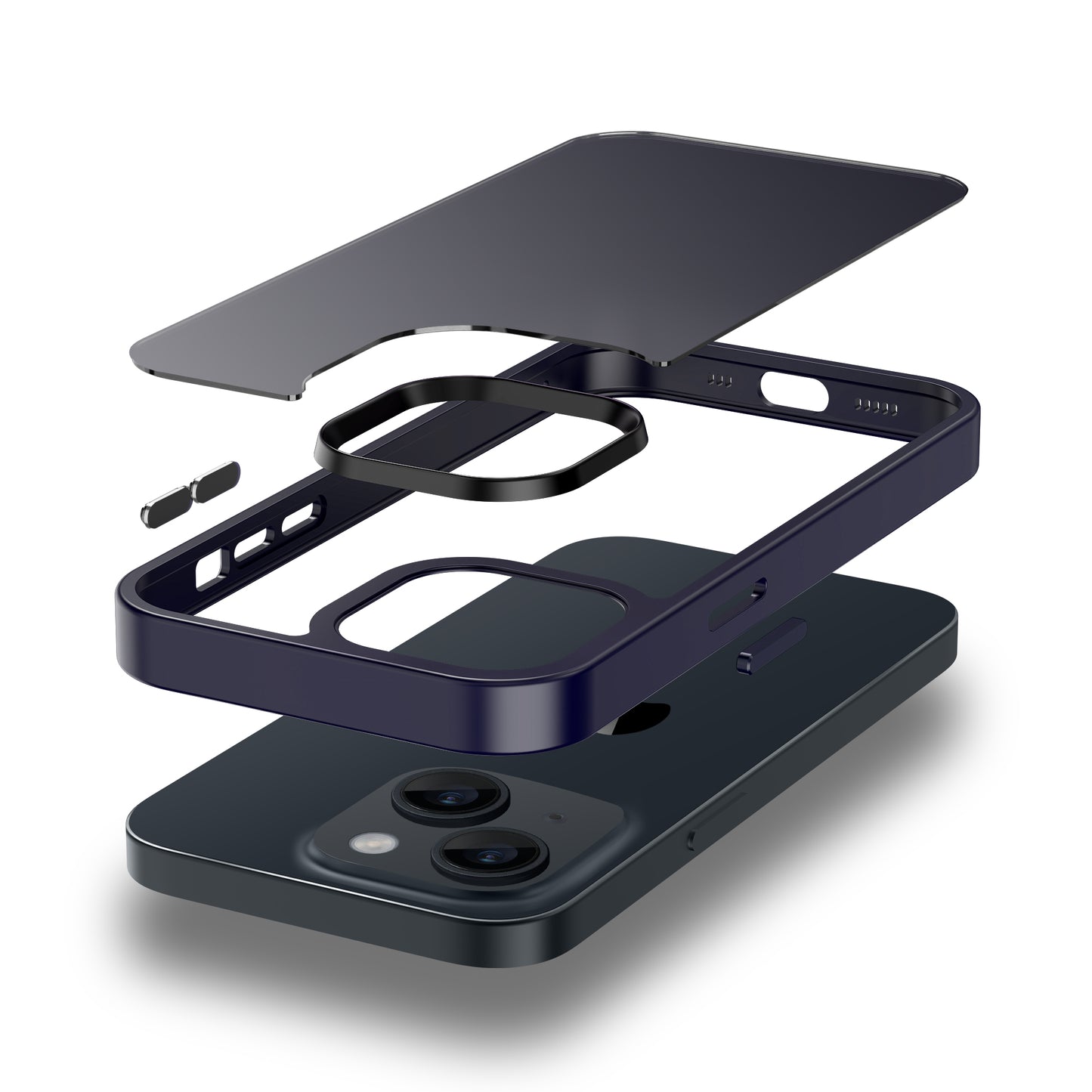 Explosionsansicht des MR PROTECT iPhone 14 Case Matt von MR PROTECT, die das stoßdämpfende TPU-Silikon, das separate Gehäuse, die Tasten und den Kameraring in einem minimalistischen matten Finish hervorhebt.