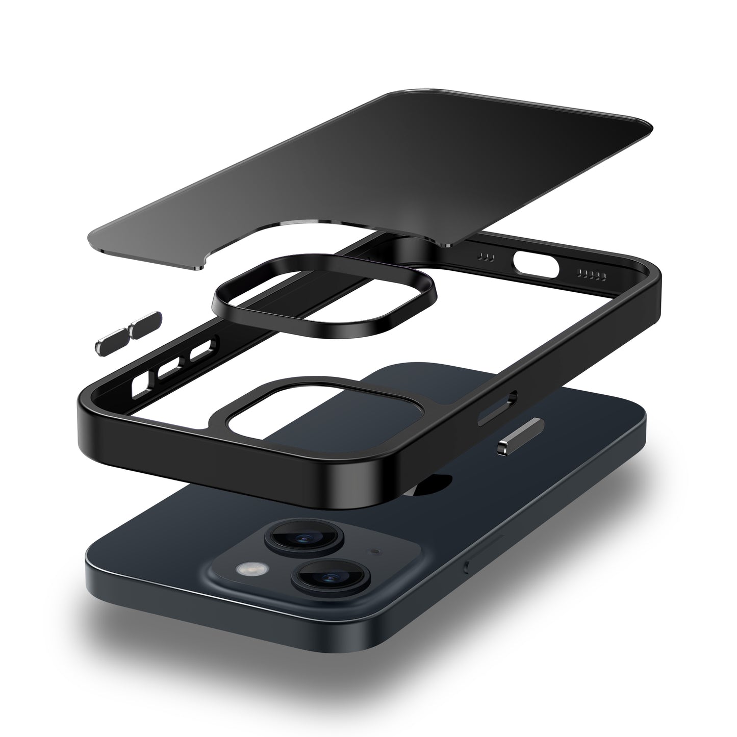 Explosionszeichnung des MR PROTECT iPhone 14 Case Matt von MR PROTECT, die getrennte Schutzschichten, Tasten und stoßdämpfendes TPU-Silikon in einem minimalistischen matten Design zeigt.