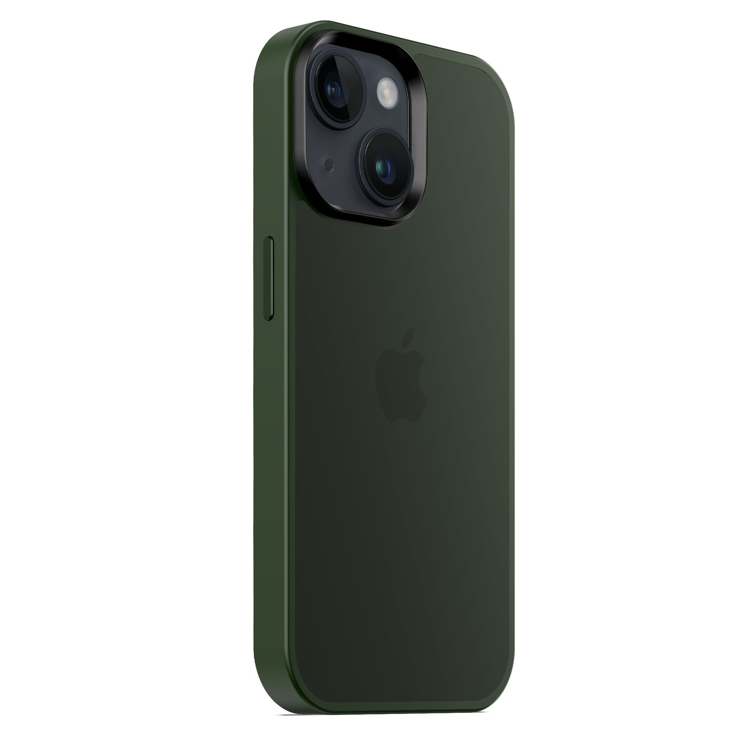 Die MR PROTECT iPhone 14 Hülle Matt in Dunkelgrün zeigt sich im minimalistischen, matten Look mit dualen Rückkameras aus Rückansicht auf weißem Hintergrund.