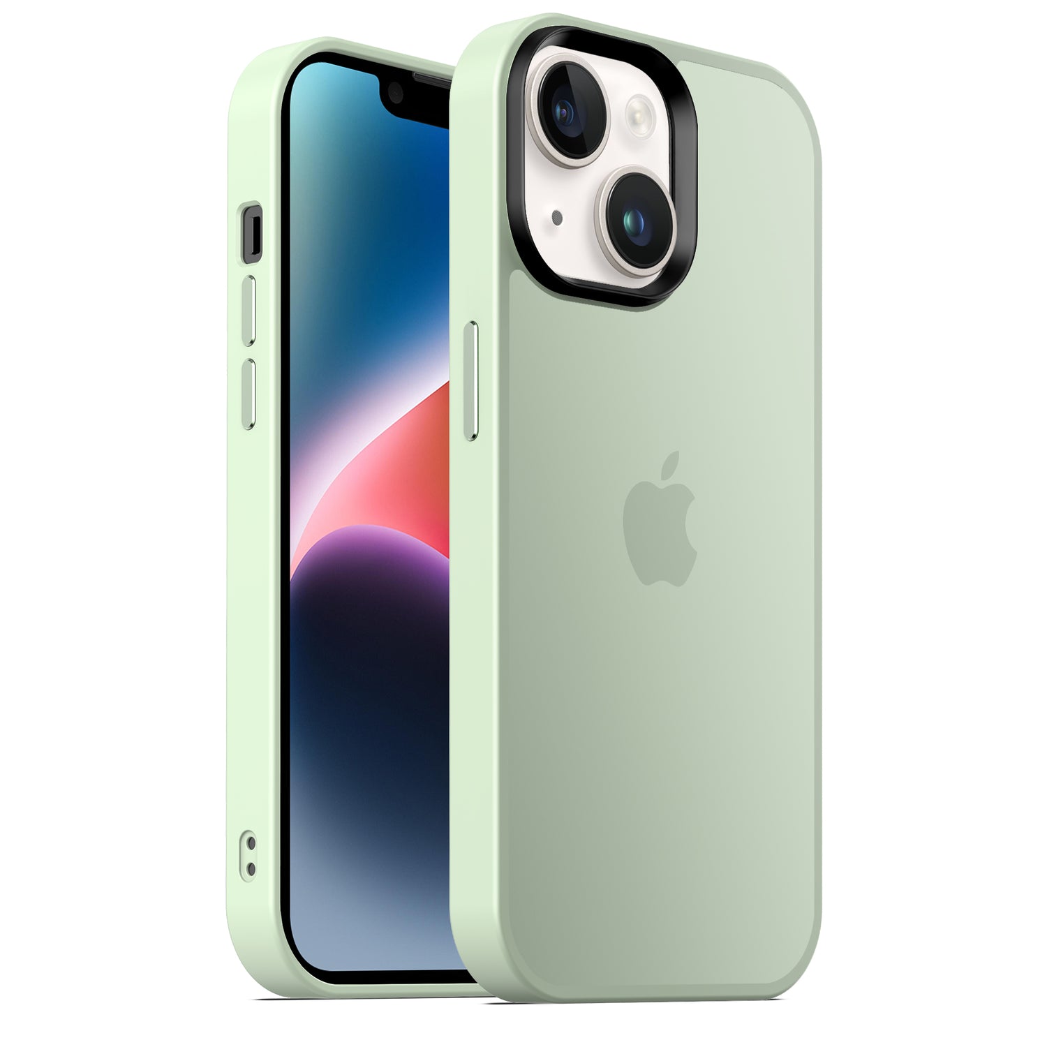 Das MR PROTECT iPhone 14 Case Matt in Hellgrün mit minimalistischer Mattoptik zeigt sich auf einem iPhone. Das Apple-Logo ist sichtbar, das Display ist eingeschaltet und das stoßdämpfende TPU-Silikon schützt die Kameralinsen.