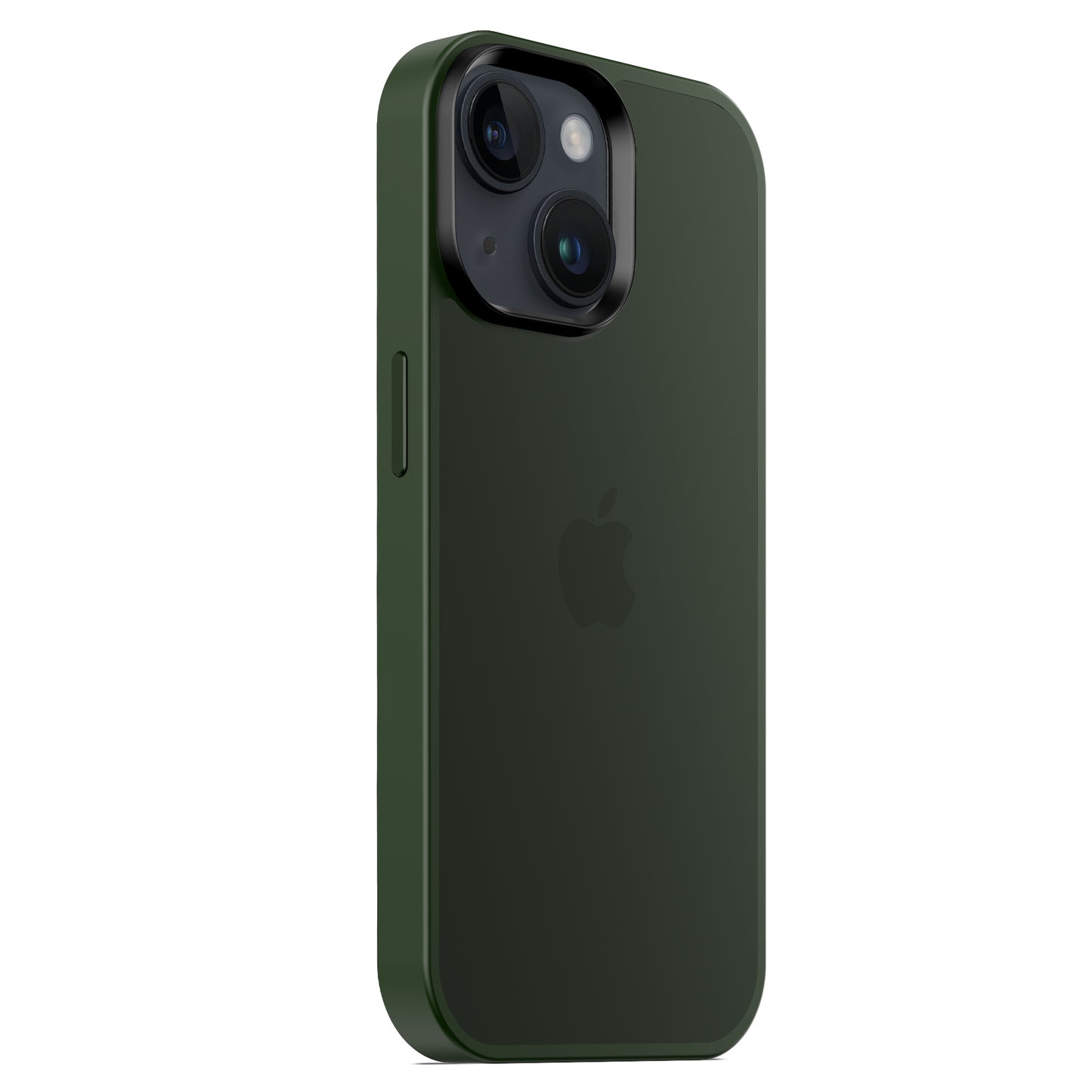 Das MR PROTECT iPhone 15 Case Matt aus dunkelgrünem TPU-Silikon mit minimalistischem Matt-Finish wird von der Rückseite aus leicht schräg auf weißem Hintergrund gezeigt und zeigt zwei Rückkameras und das Apple-Logo.