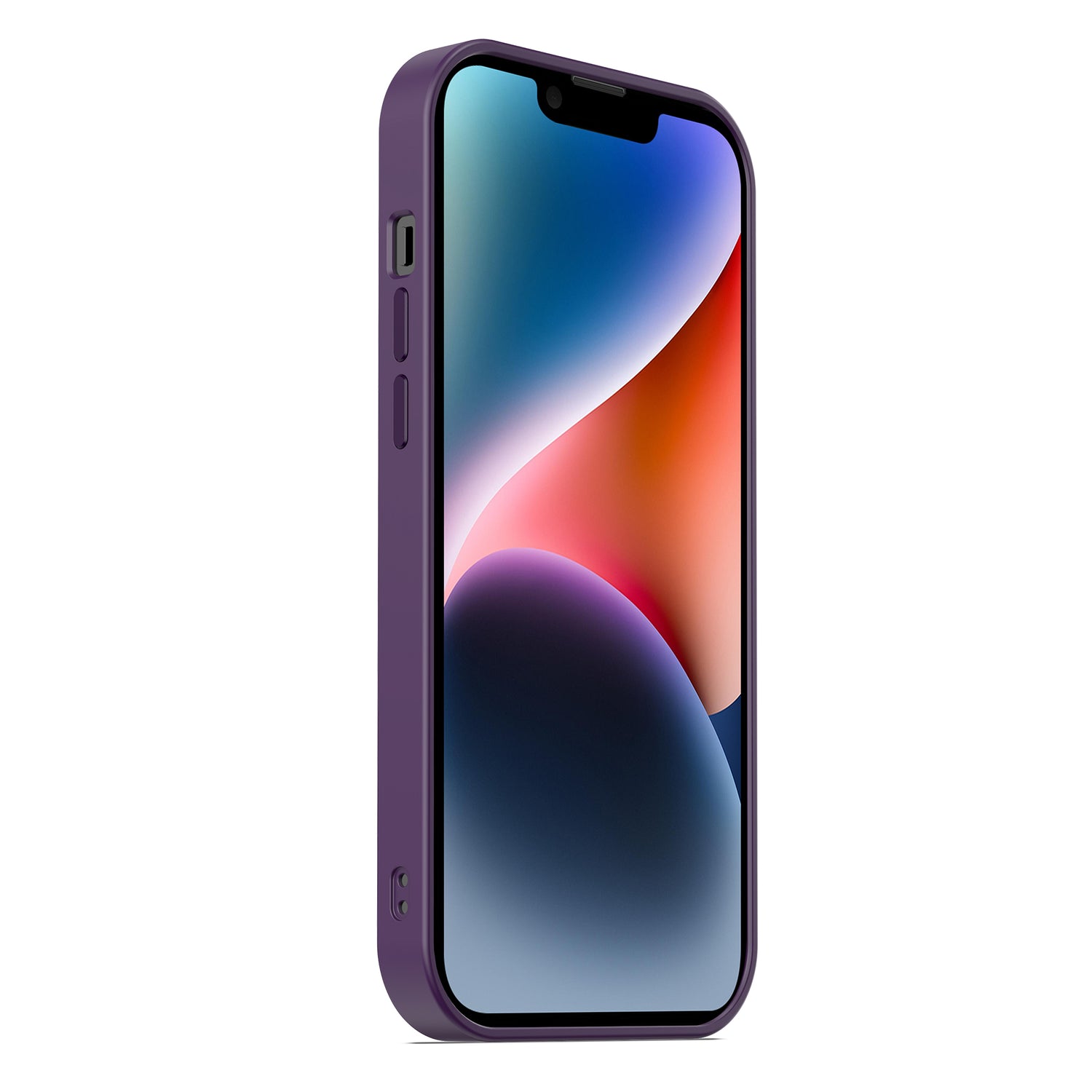 Das MR PROTECT iPhone 14 Case Matt von MR PROTECT, von links aus einem leichten Winkel abgebildet, verfügt über ein minimalistisches mattes Finish, stoßdämpfendes TPU-Silikon und zeigt ein lila Smartphone mit buntem abstrakten Hintergrundbild.