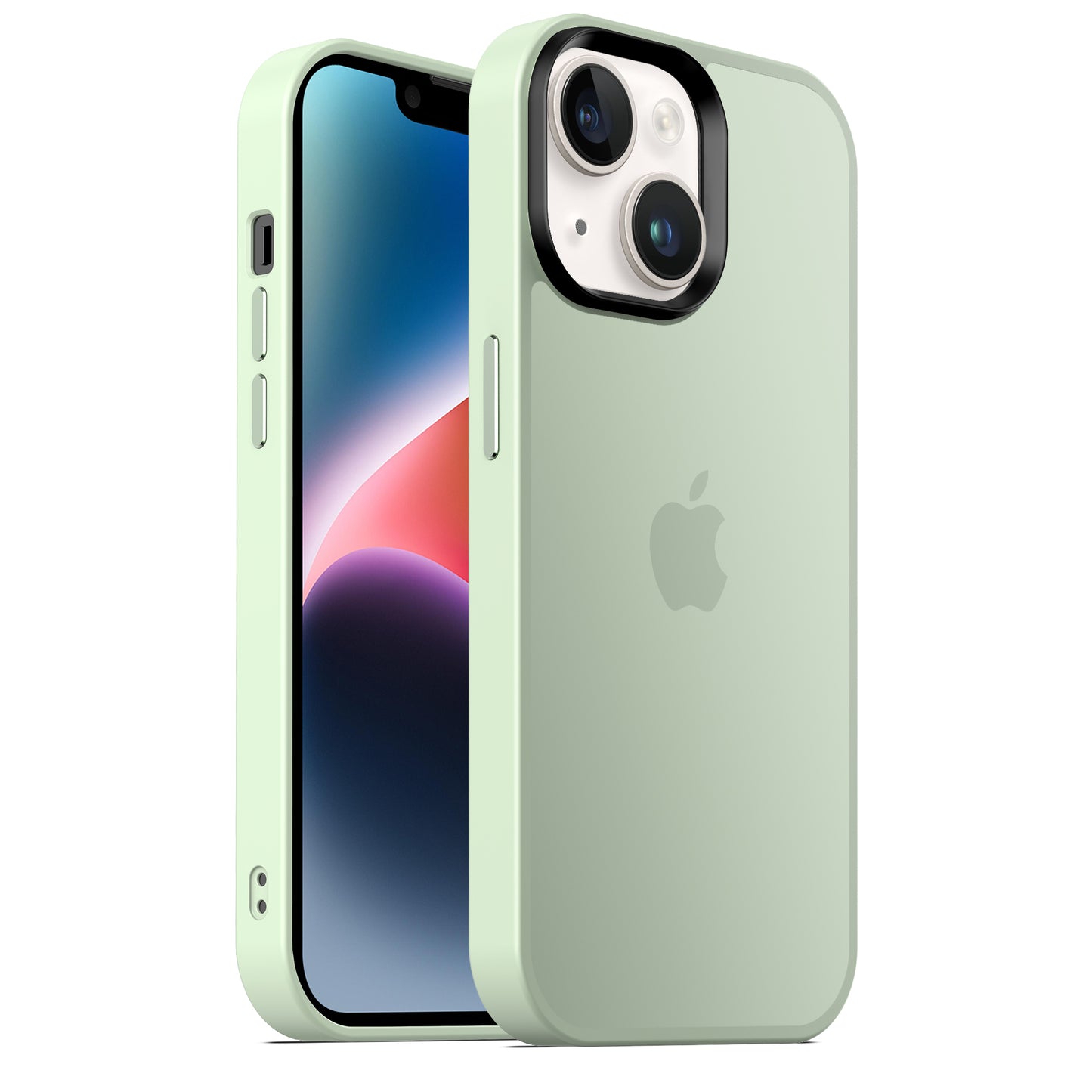 Ein hellgrünes iPhone mit dem MR PROTECT iPhone 15 Case Matt ist von Vorder- und Rückseite abgebildet. Das farbenfrohe Display sticht hervor, während das Apple-Logo durch die minimalistische, matte MR PROTECT Hülle mit Stoßdämpfung sichtbar ist.