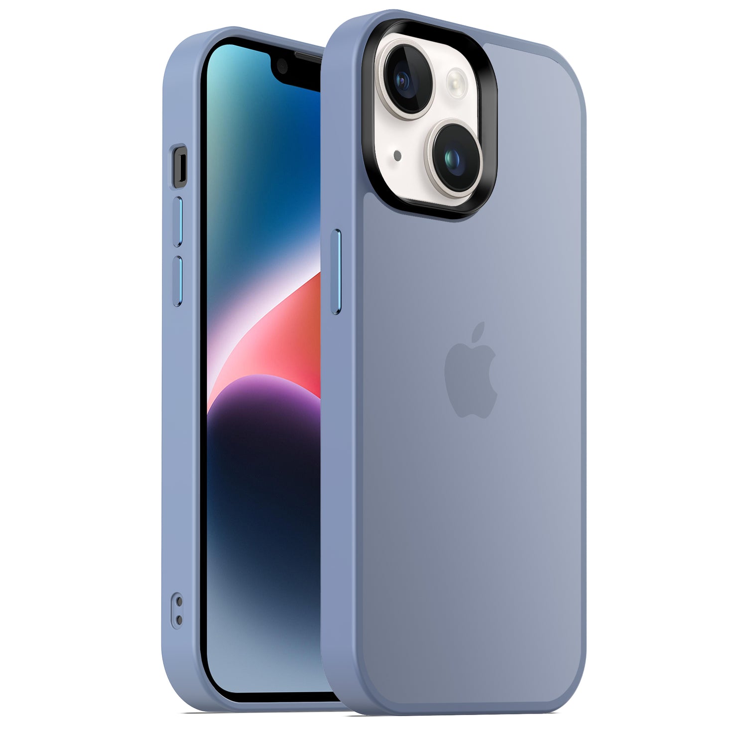 Abgebildet ist ein blaues iPhone 14 mit dem MR PROTECT iPhone 14 Case Matt, einer minimalistischen matten Hülle von MR PROTECT, die sowohl den Frontbildschirm als auch die Rückseite mit Doppelkamera zeigt.