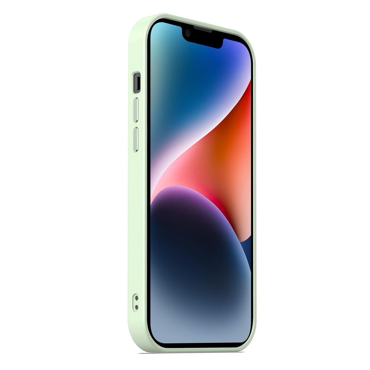 Eine hellgrüne MR PROTECT iPhone 14 Hülle Matt von MR PROTECT steht aufrecht in minimalistischem Design. Die stoßdämpfende TPU-Silikonhülle verfügt über sichtbare Seitentasten; auf dem Bildschirm ist ein farbenfrohes abstraktes Hintergrundbild mit blauen, roten und orangefarbenen Farbverläufen zu sehen.