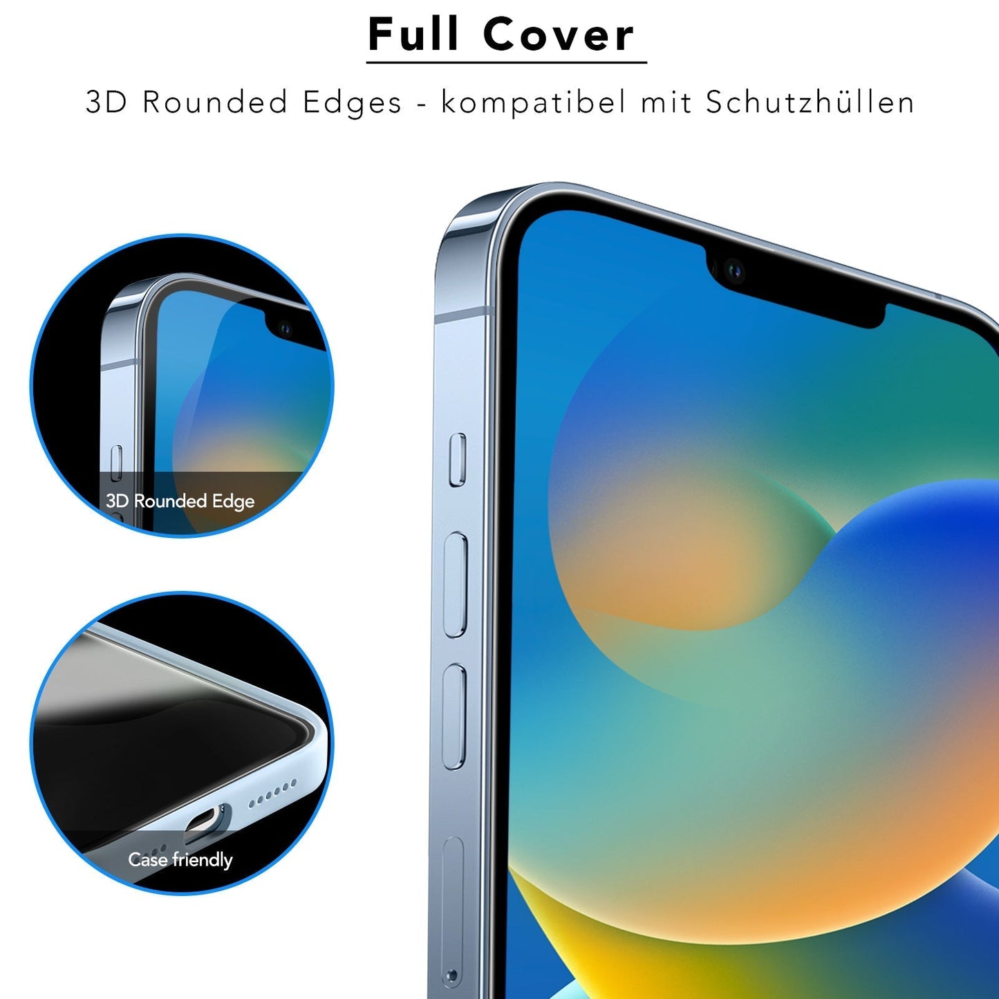 Das arktis 2er Set iPhone REVOLUTION Glas-Displayschutz von Arktis bietet 3D abgerundete Kanten und ist schutzhüllenkompatibel. Text: Vollständige Abdeckung und abgerundete 3D-Kanten – kompatibel mit Schutzhüllen.