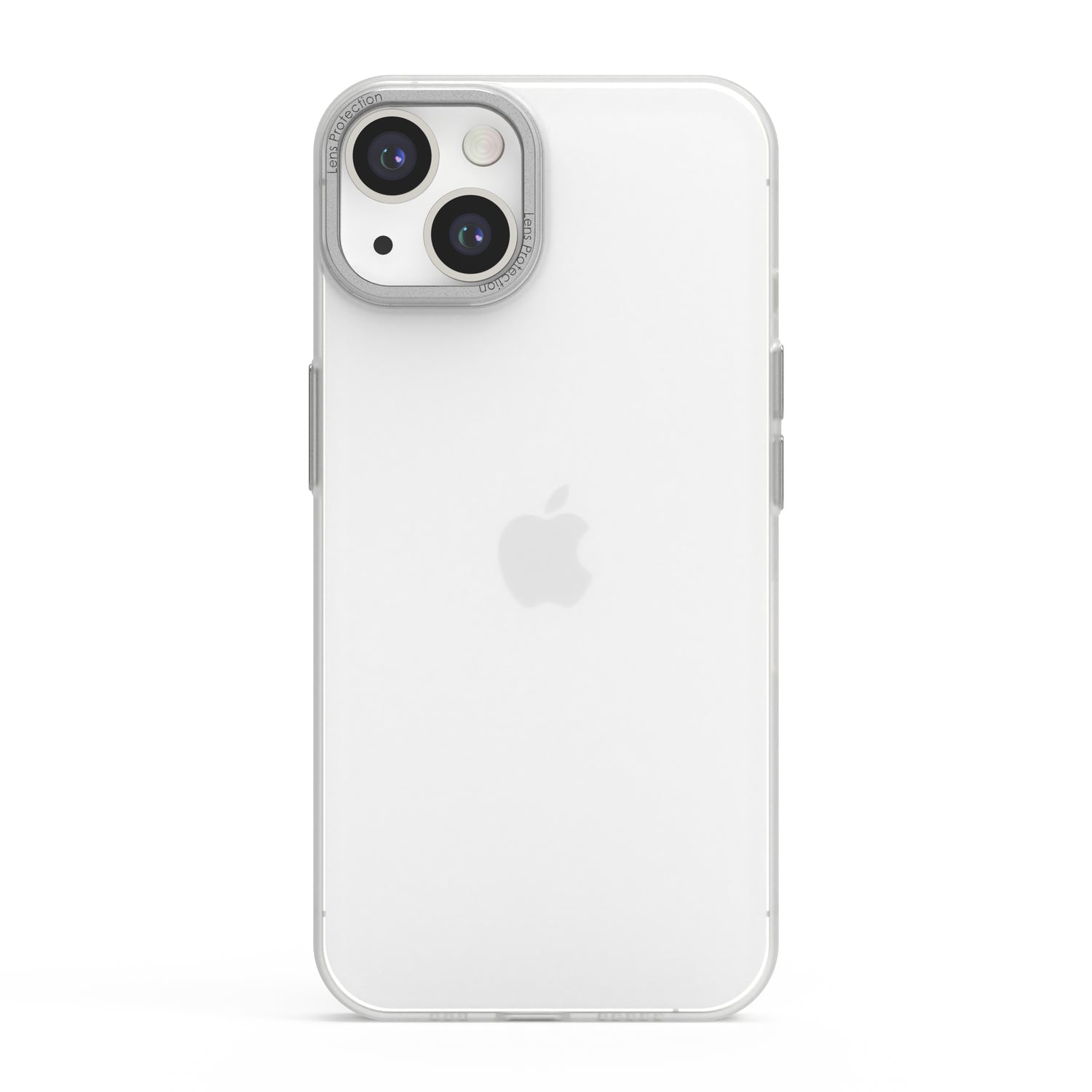 Das MR PROTECT iPhone 15 FROZEN Case, eine transparente Polycarbonat-Hülle, zeigt ein weißes iPhone mit Doppelkamera und Blitz. Das Apple-Logo ist sichtbar, und das Bild ist auf einem sauberen weißen Hintergrund zentriert, was für einen eleganten Look sorgt.