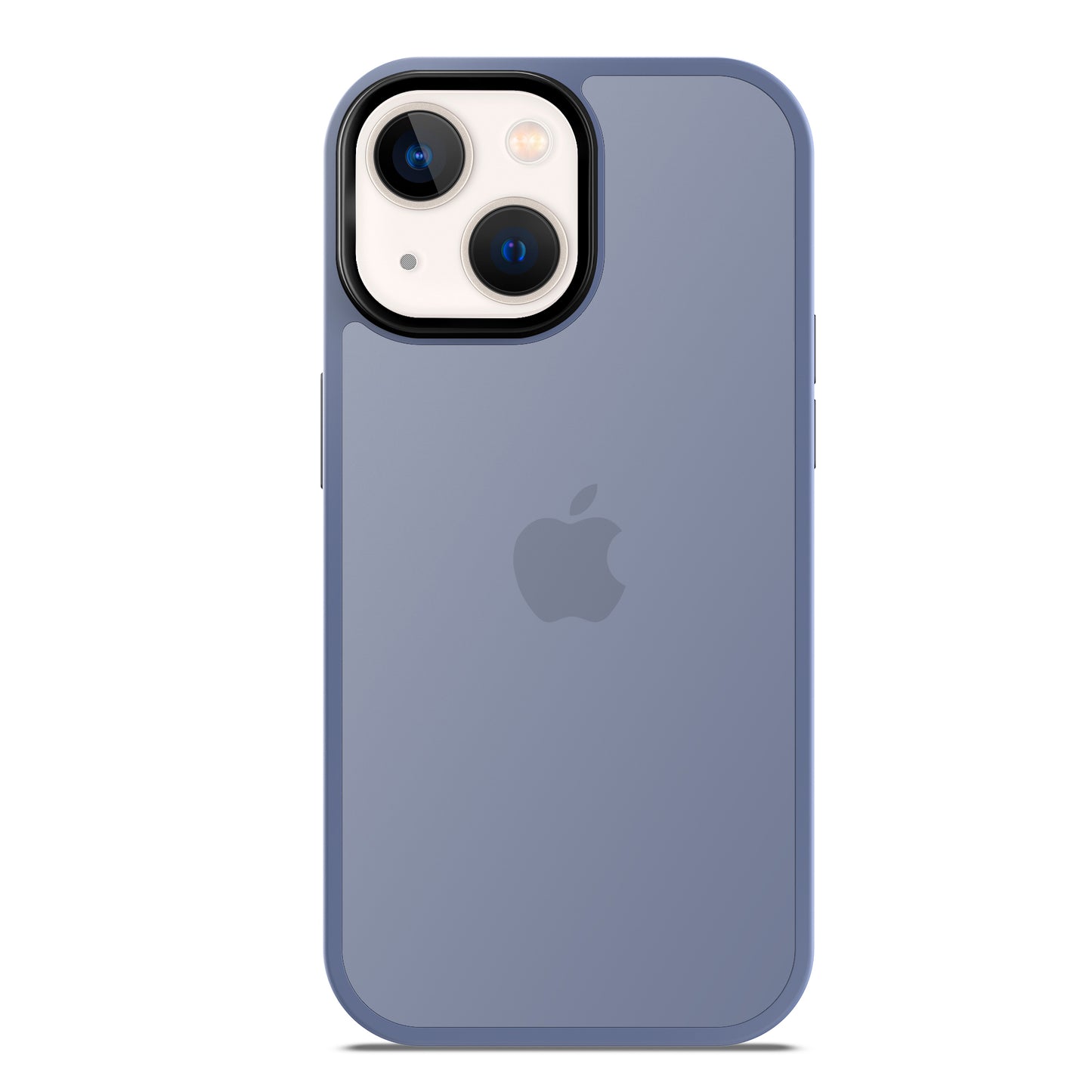 Das MR PROTECT iPhone 14 Case Matt von MR PROTECT wird von hinten auf weißem Hintergrund gezeigt und zeigt seine blaue Farbe, das minimalistische matte Finish und die präzisen Aussparungen für die Dual-Lens-Kamera und das Apple-Logo.