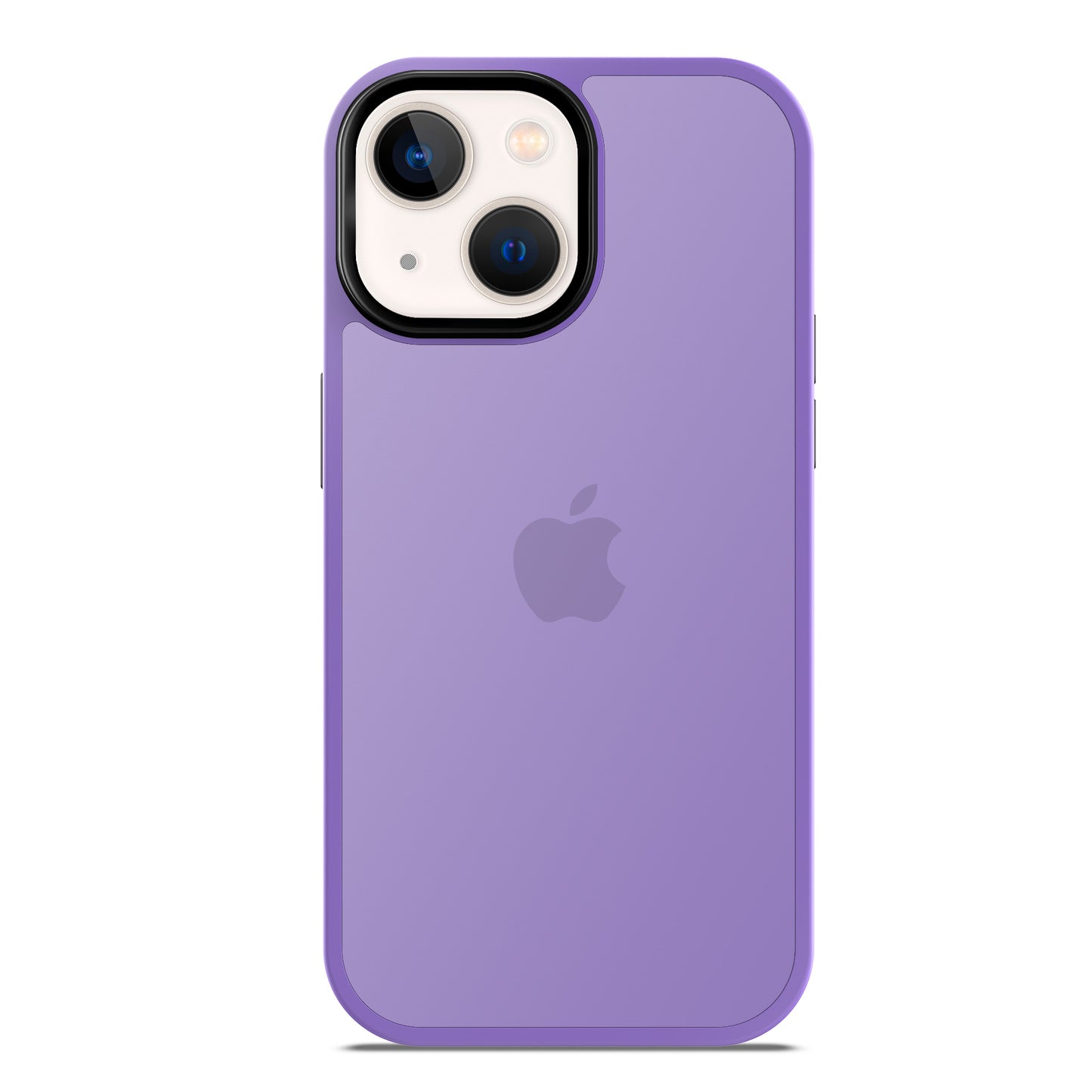 Ein lila iPhone 14 mit Dual-Kamera und sichtbarem Apple-Logo, von hinten gezeigt, geschützt durch das MR PROTECT iPhone 14 Case Matt – eine stoßdämpfende TPU-Silikonhülle in minimalistischer Mattoptik von MR PROTECT.