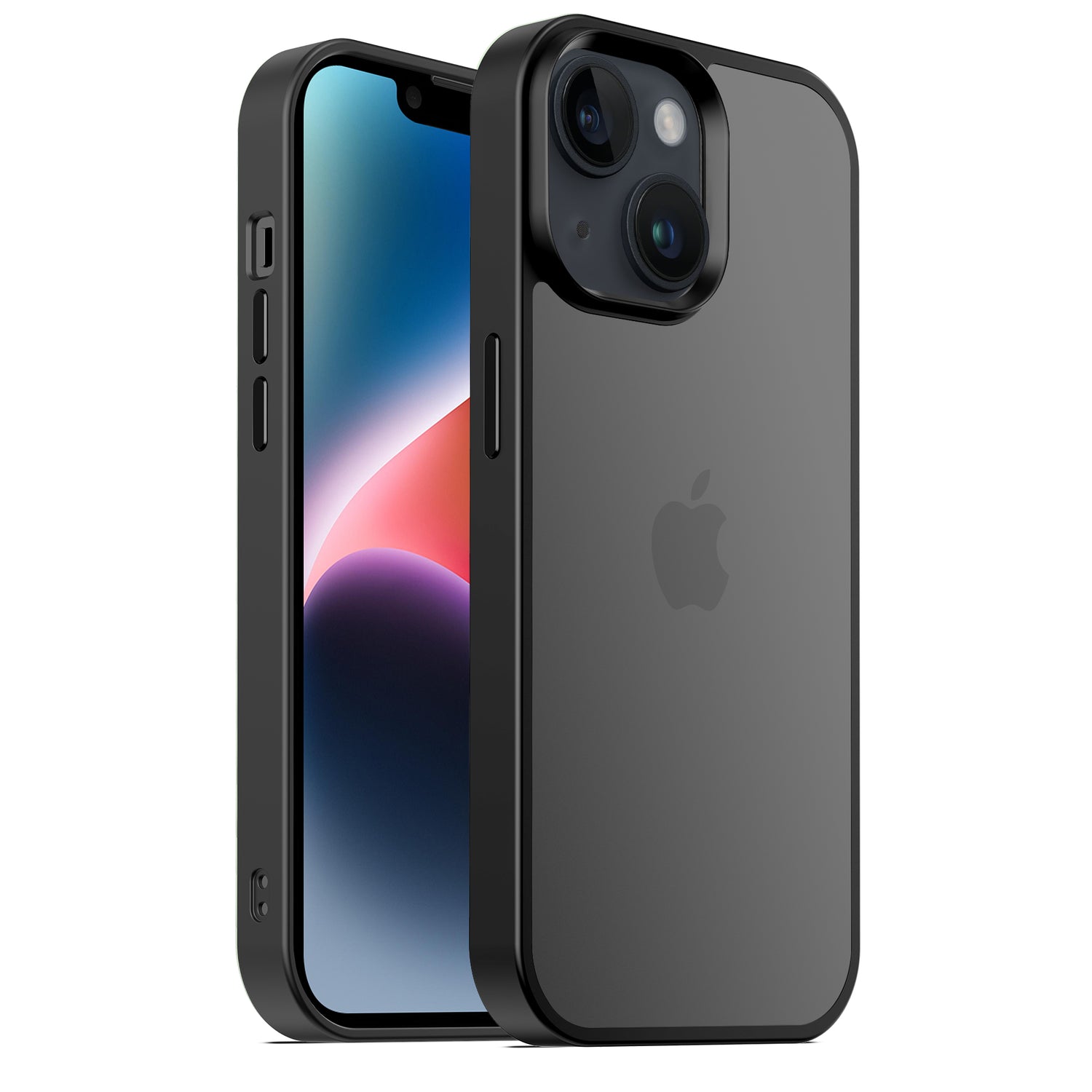Ein schwarzes iPhone mit einer Dual-Rückkamera, gezeigt im MR PROTECT iPhone 14 Case Matt – einer dunklen, transparenten, stoßdämpfenden TPU-Silikonhülle mit minimalistischem Matt-Look – von vorne und hinten betrachtet.