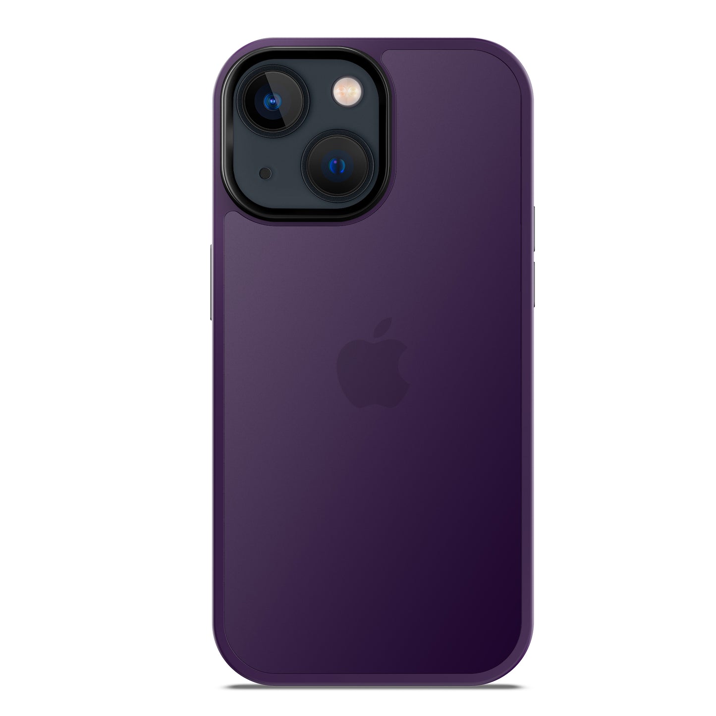 Ein dunkelviolettes iPhone 15 in minimalistischem Matt-Look mit Doppelkameras und Apple-Logo, perfekt gepaart mit dem MR PROTECT iPhone 15 Case Matt für optimale Stoßdämpfung.