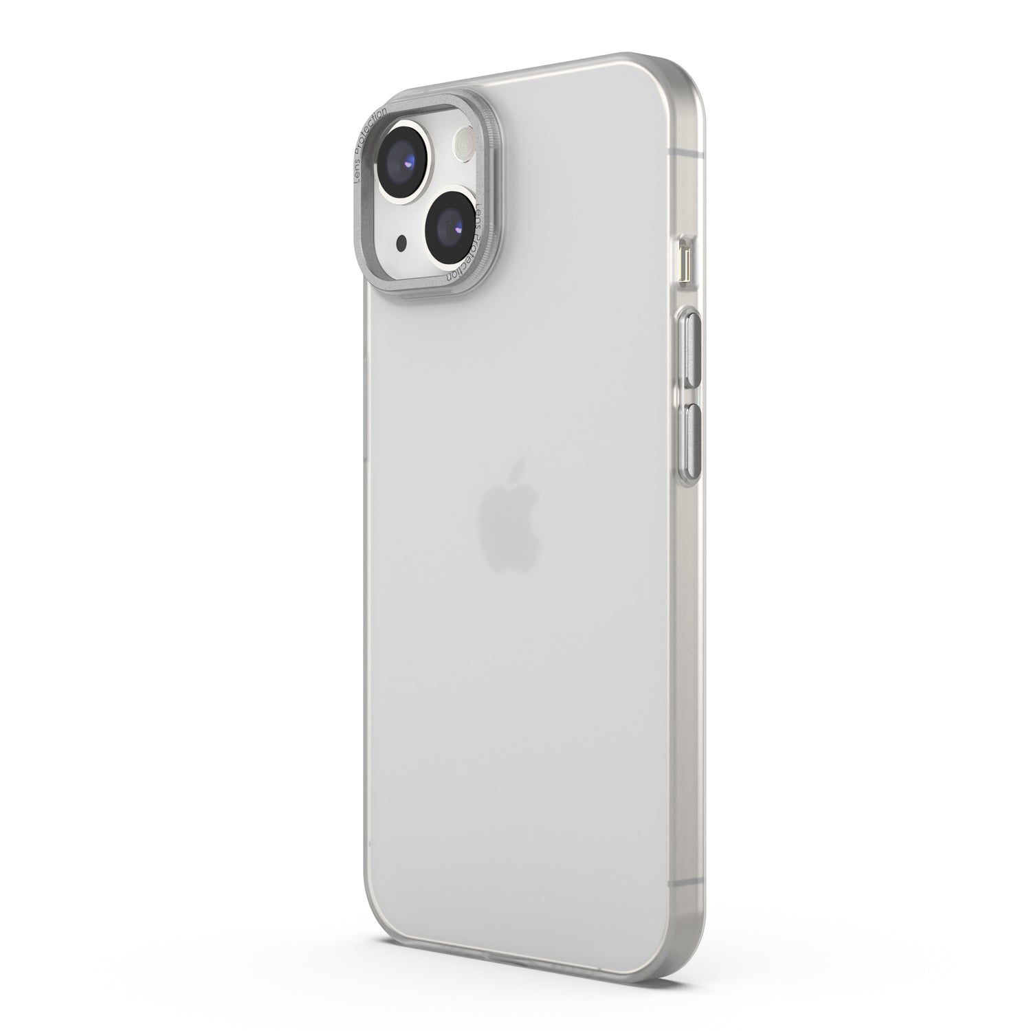 Das MR PROTECT iPhone 15 FROZEN Case, eine transparente Polycarbonat-Hülle mit verstärkten Kanten, präsentiert sich auf einem silbernen iPhone. Das Design im Frozen-Look lässt das Apple-Logo und die Kamera durchscheinen und sorgt so für Stil und Schutz.