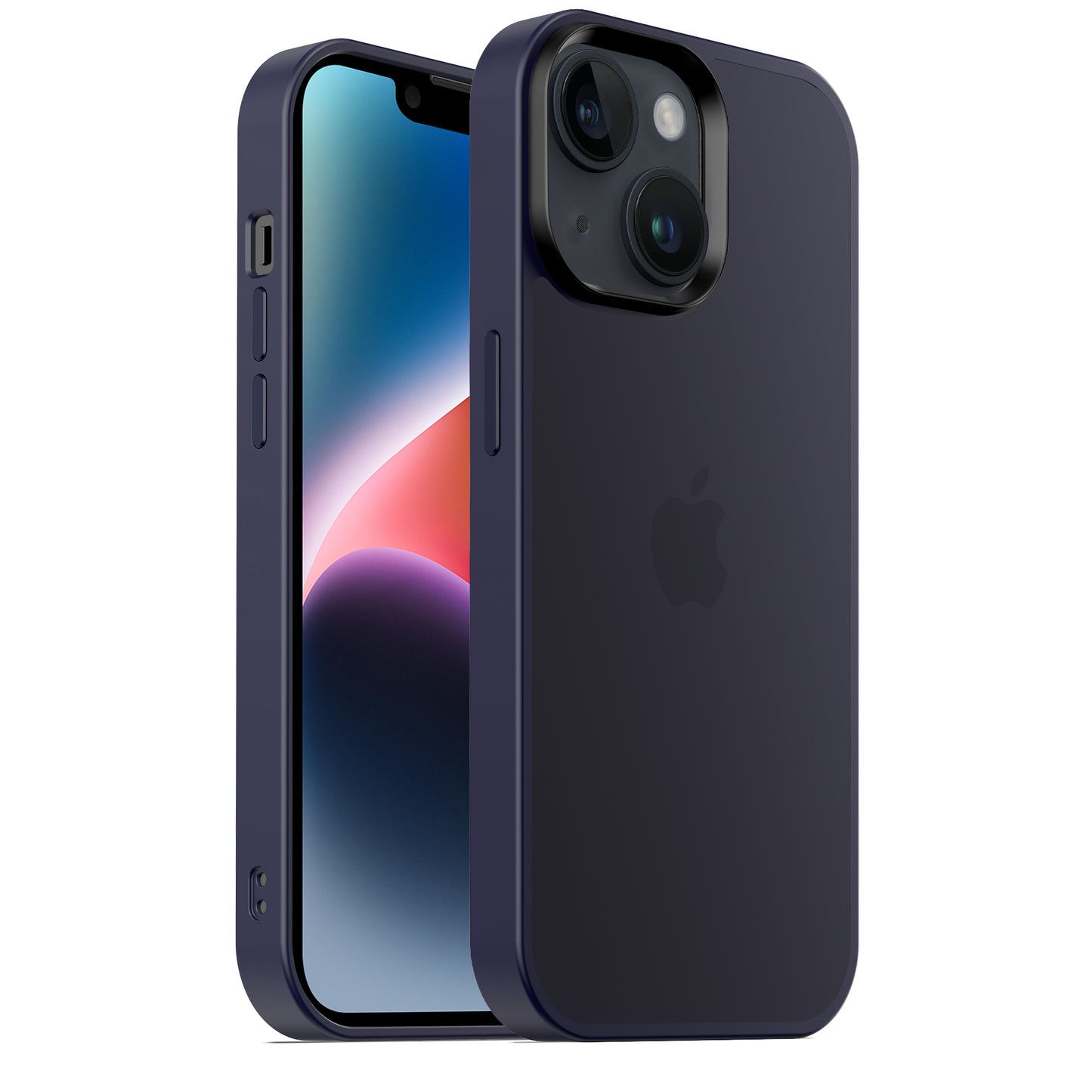 Ein Smartphone mit der MR PROTECT iPhone 15 Hülle Matt in Dunkelblau ist auf Vorder- und Rückseite abgebildet. Die minimalistische Hülle mit mattem Finish von MR PROTECT verfügt über präzise Aussparungen, Stoßdämpfung und zeigt die Dualkamera sowie das Apple-Logo.