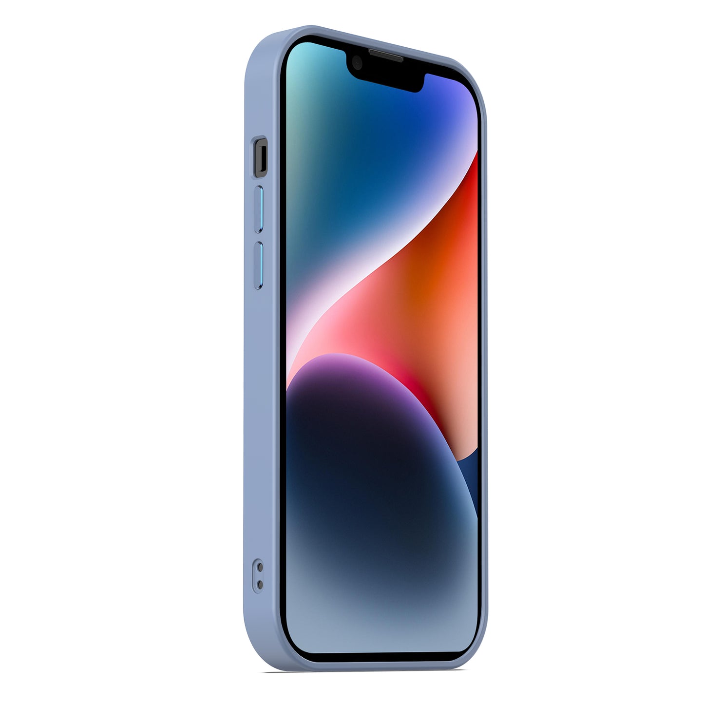 Ein blaues Smartphone mit einem farbenfrohen abstrakten Hintergrundbild ist schräg abgebildet und verfügt über das MR PROTECT iPhone 14 Case Matt – eine minimalistische, stoßdämpfende TPU-Silikonhülle von MR PROTECT.