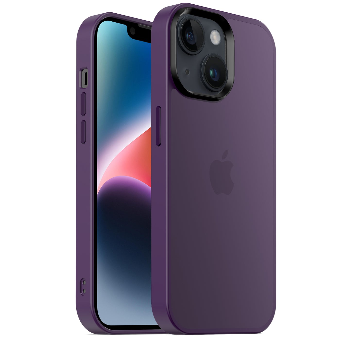 Abgebildet ist ein Smartphone mit der MR PROTECT iPhone 15 Hülle Matt in Lila von Vorder- und Rückseite. Der minimalistische, matte Look harmoniert perfekt mit den Dual-Kameras, dem Apple-Logo und dem lebendigen Hintergrundbild und bietet gleichzeitig zuverlässige Stoßdämpfung.
