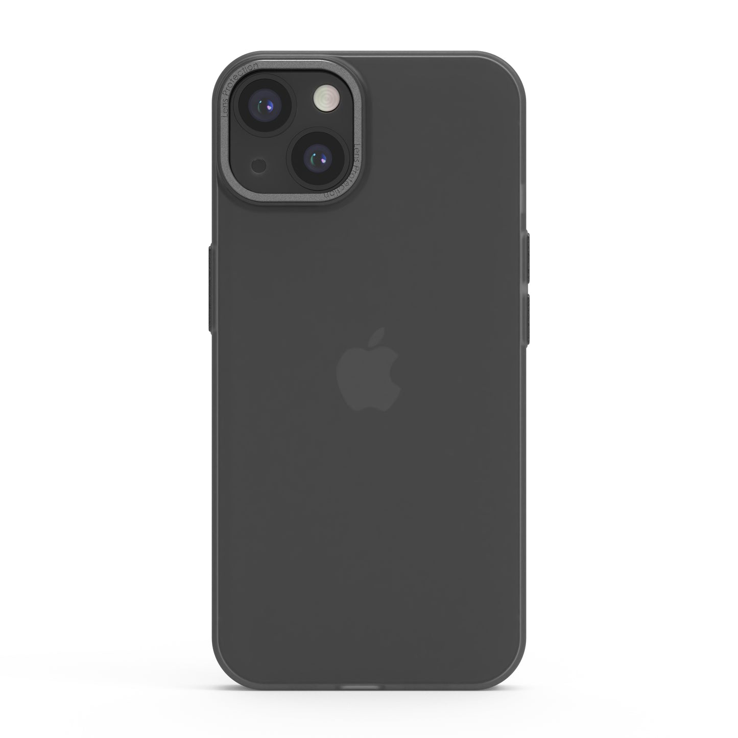 Das MR PROTECT iPhone 15 Plus FROZEN Case, eine schwarze Schutzhülle aus Polycarbonat, wird von hinten gezeigt und hebt die beiden Rückkameras vor einem weißen Hintergrund hervor.