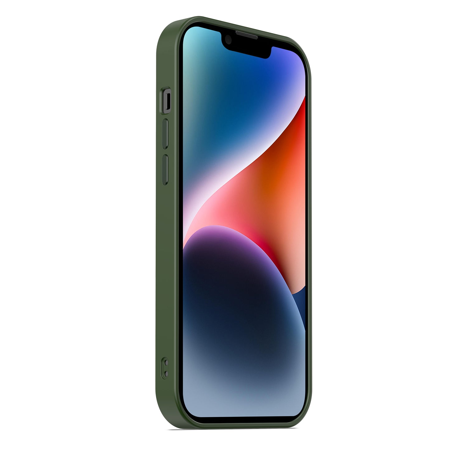 Eine schräge Aufnahme eines iPhone 14 mit einem minimalistischen, mattgrünen MR PROTECT iPhone 14 Case Matt von MR PROTECT mit einem lebendigen abstrakten Hintergrundbild.