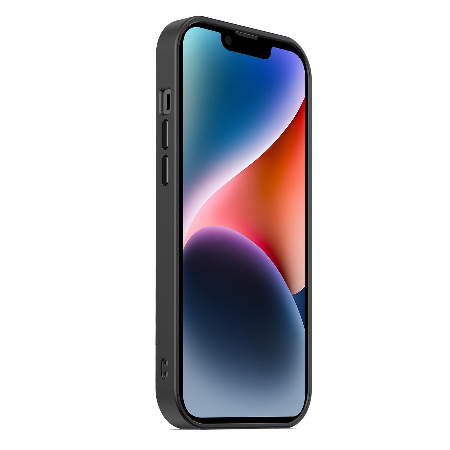 Die MR PROTECT iPhone 14 Hülle Matt von MR PROTECT in Schwarz zeigt sich im minimalistischen Look mit stoßabsorbierendem TPU-Silikon, aus schräger Seitenperspektive und bunt-abstraktem Wallpaper.