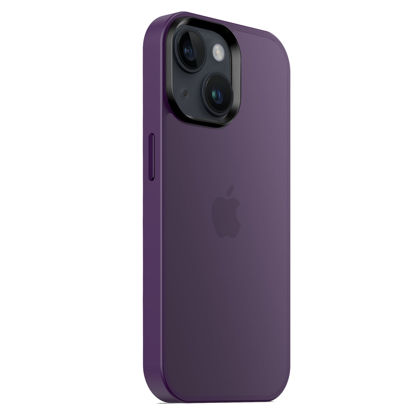Das MR PROTECT iPhone 15 Case Matt ist eine violette, stoßdämpfende TPU-Silikonhülle, die auf einem iPhone 15 mit zwei Rückkameras und zentriertem Apple-Logo abgebildet ist, das schräg vor einem weißen Hintergrund angezeigt wird.