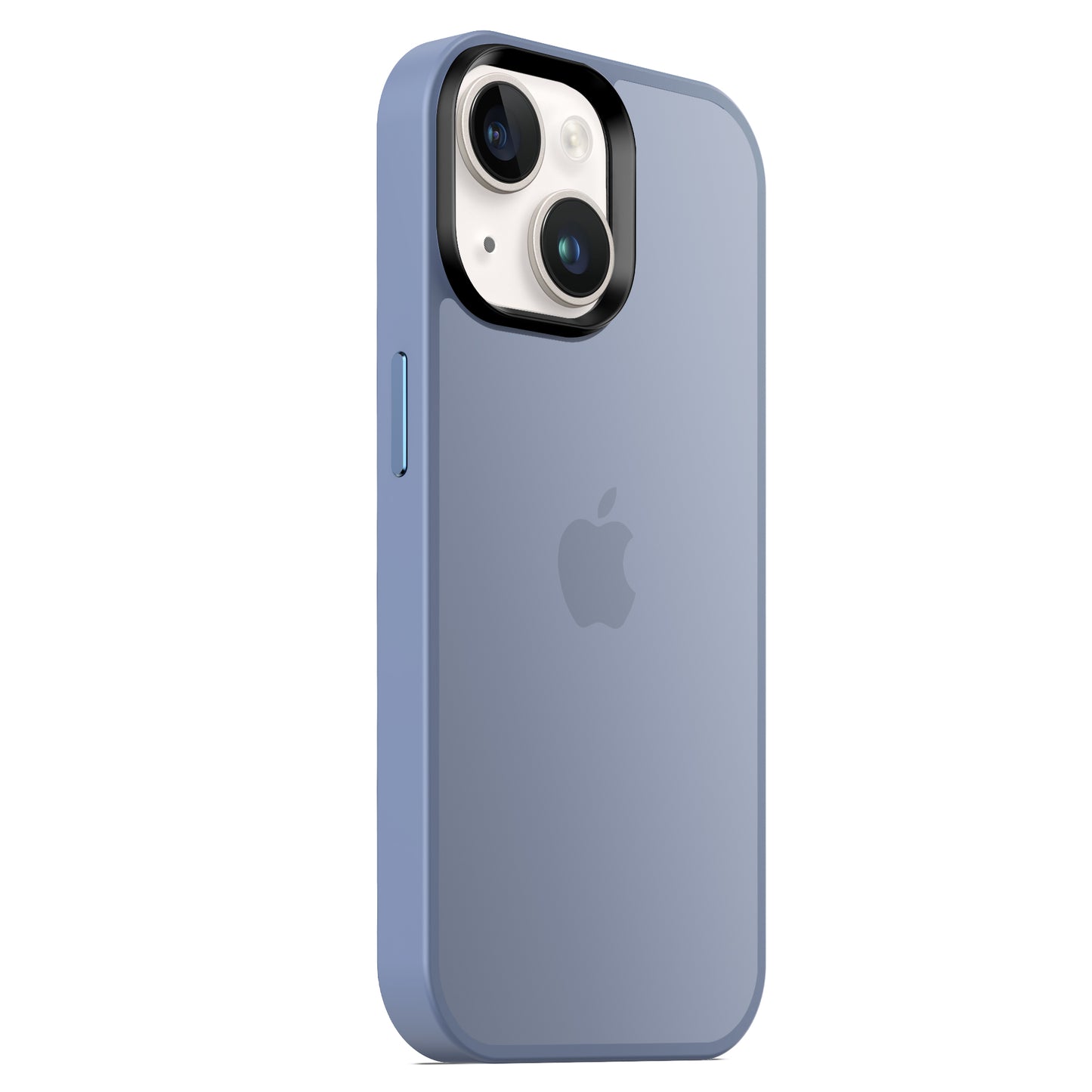 Das blaue iPhone 15 steht aufrecht in der MR PROTECT iPhone 15 Case Matt Hülle aus stoßabsorbierendem TPU-Silikon im minimalistischen matten Look und zeigt das Dual-Kamerasystem sowie das Apple-Logo auf der Rückseite.