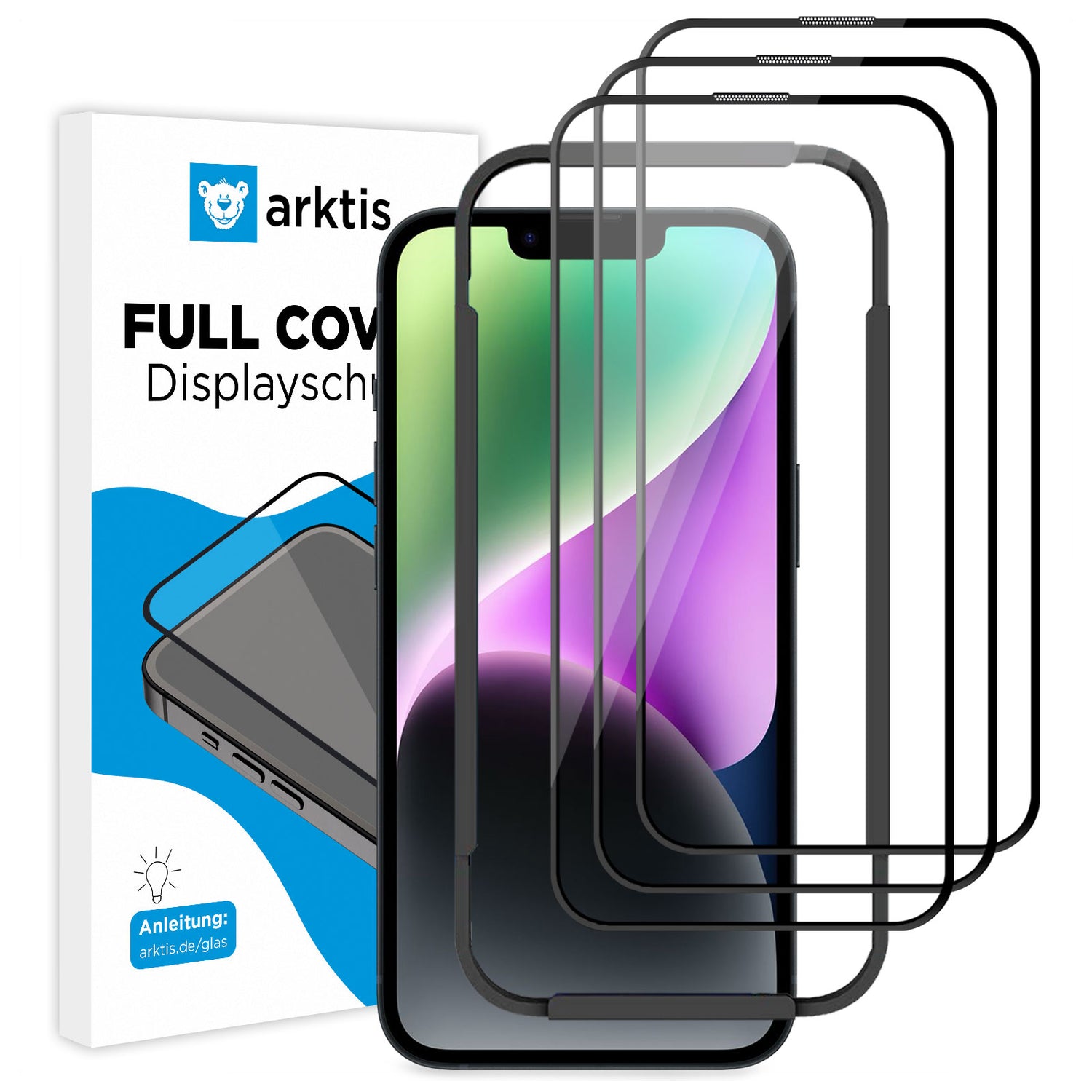 Abgebildet sind drei schwarz umrandete ArktisPRO iPhone 14 FULL COVER Displayschutz GLAS Displayschutzfolien (hüllenfreundlich, 9H Härtegrad, oleophobe Schicht) mit Smartphone und ArktisPRO-Verpackung.