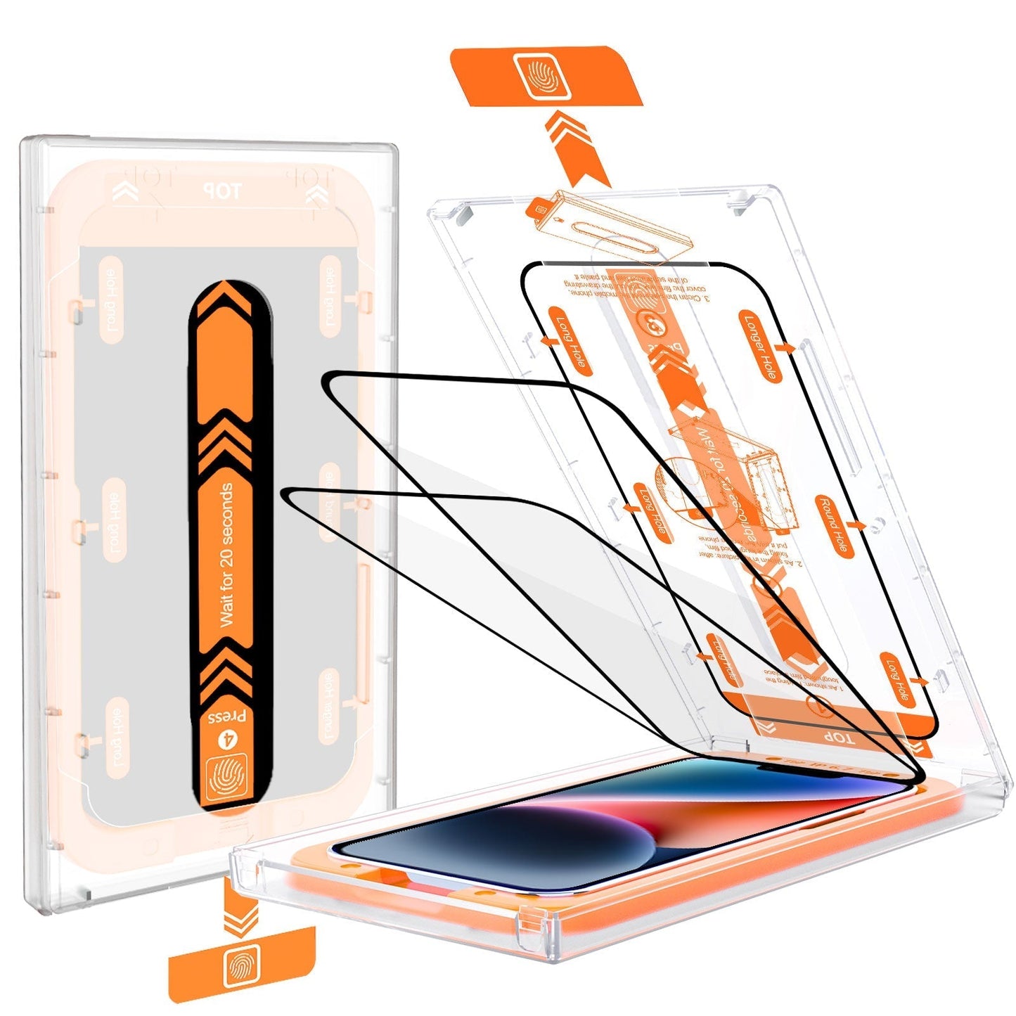 Das Arktis 2er Set iPhone REVOLUTION Glas-Displayschutz wird mit einer durchsichtigen Ausrichtungsschale und einem iPhone darin gezeigt, während beschriftete Pfeile Sie Schritt für Schritt durch den Installationsprozess des Displayschutzes führen.