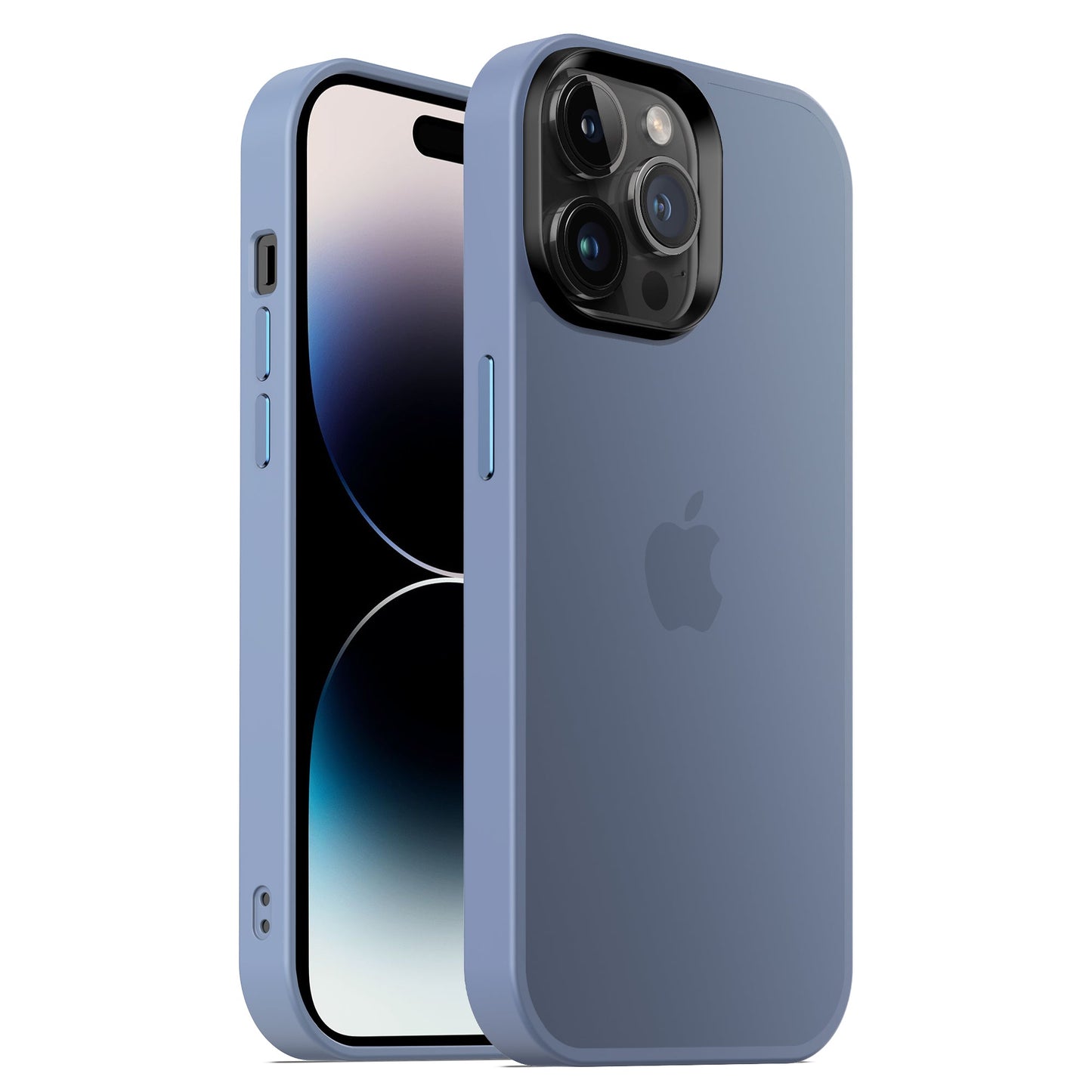 Ein blaues iPhone mit dem MR PROTECT iPhone 15 Pro Case Matt aus stoßabsorbierendem TPU-Silikon in minimalistischer Mattoptik ist von der Rückseite und der Seite zu sehen. Das Apple-Logo ist durch die stylische MR PROTECT Hülle sichtbar.