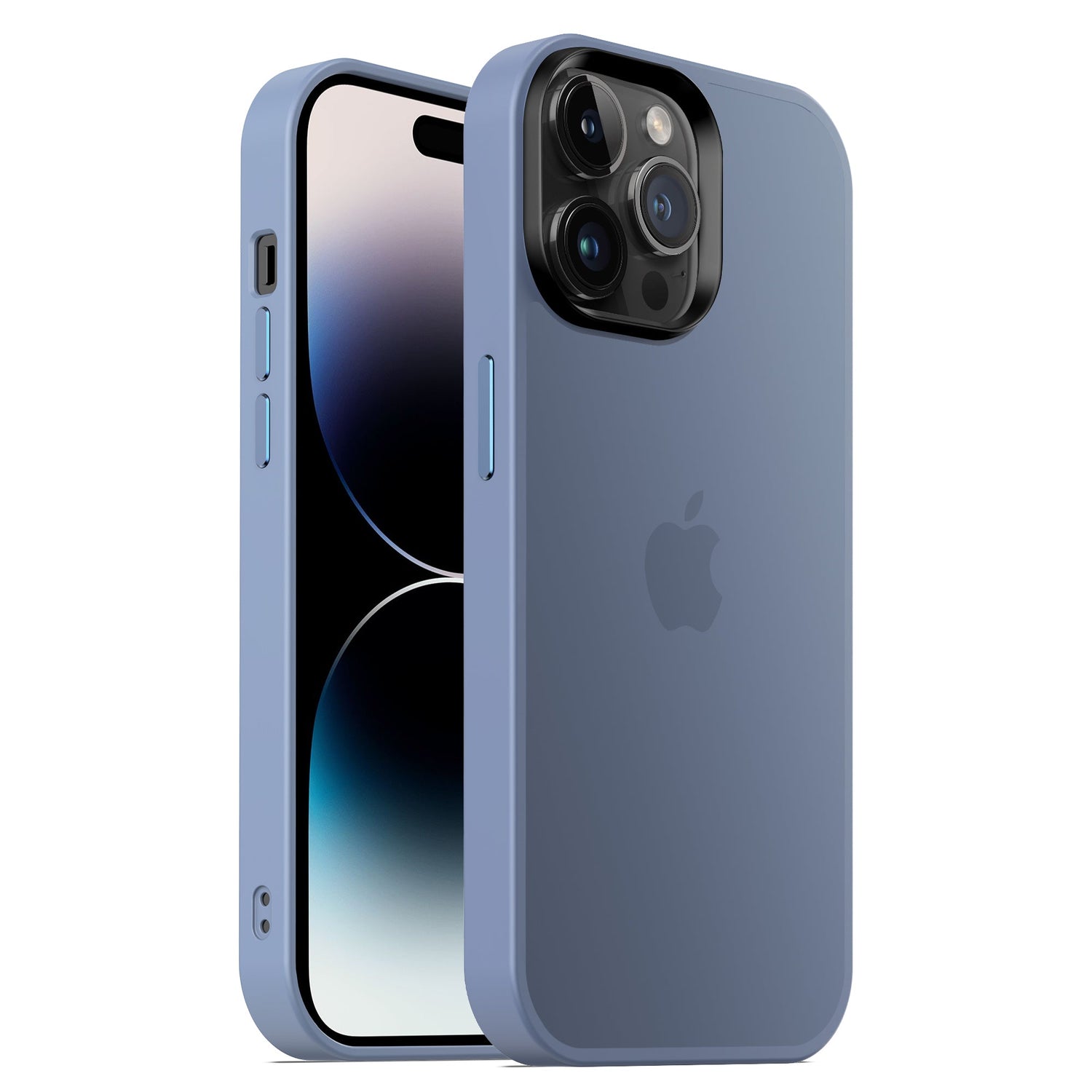 Ein blaues iPhone mit dem MR PROTECT iPhone 15 Pro Case Matt aus stoßabsorbierendem TPU-Silikon in minimalistischer Mattoptik ist von der Rückseite und der Seite zu sehen. Das Apple-Logo ist durch die stylische MR PROTECT Hülle sichtbar.