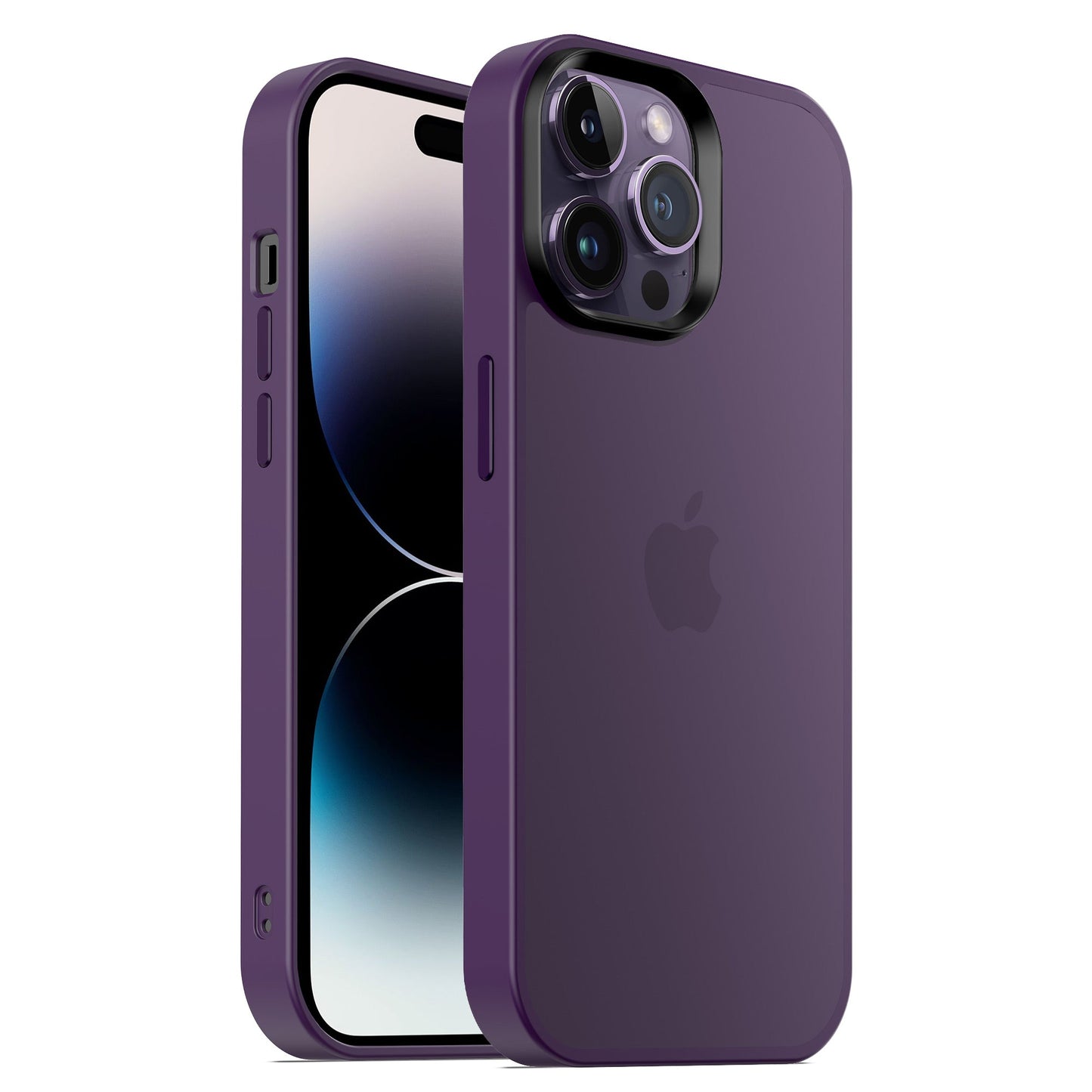 Die MR PROTECT iPhone 15 Pro Hülle Matt in Lila mit minimalistischem, mattem Look schützt dank stoßabsorbierendem TPU-Silikon und zeigt das Apple-Logo sowie die Triple-Kamera-Aussparung des iPhone 15 Pro.