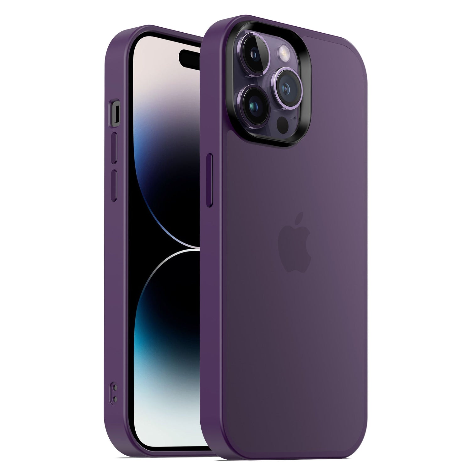 Die MR PROTECT iPhone 15 Pro Hülle Matt in Lila mit minimalistischem, mattem Look schützt dank stoßabsorbierendem TPU-Silikon und zeigt das Apple-Logo sowie die Triple-Kamera-Aussparung des iPhone 15 Pro.