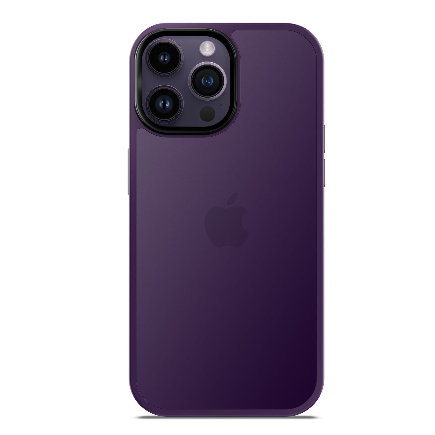 Das MR PROTECT iPhone 15 Pro Case Matt von MR PROTECT zeigt ein dunkelviolettes iPhone mit abgerundeten Kanten, drei Kameraobjektiven und einem zentralen Apple-Logo – seine minimalistische, matte TPU-Silikon-Oberfläche bietet stilvollen, stoßdämpfenden Schutz.