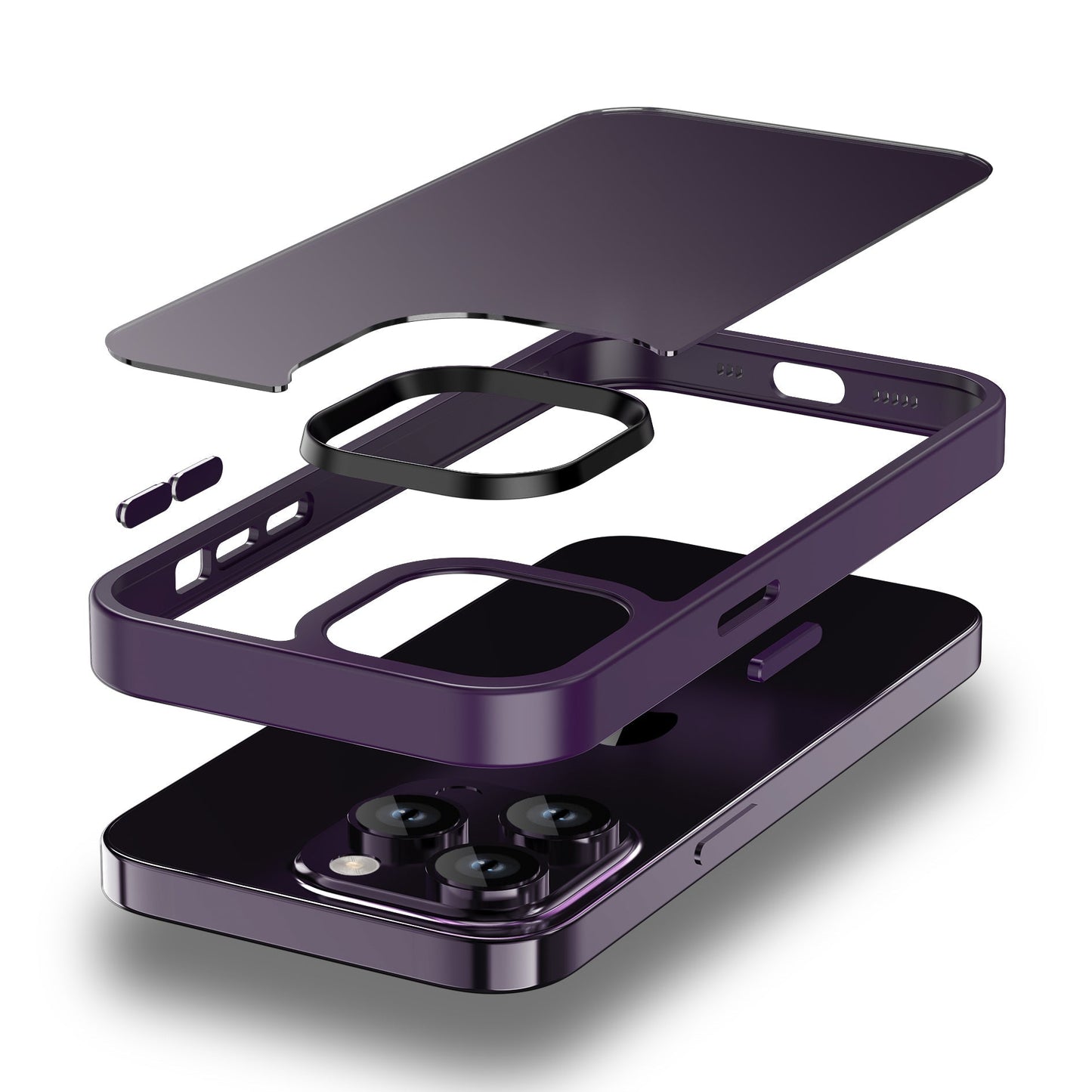 Das MR PROTECT iPhone 15 Case Matt wird in Lila mit einer Explosionsansicht angezeigt, die die stoßdämpfenden Tasten, den Kameraring, den Hauptrahmen und die Rückabdeckung hervorhebt – alles mit einem minimalistischen matten Finish auf einem passenden iPhone.