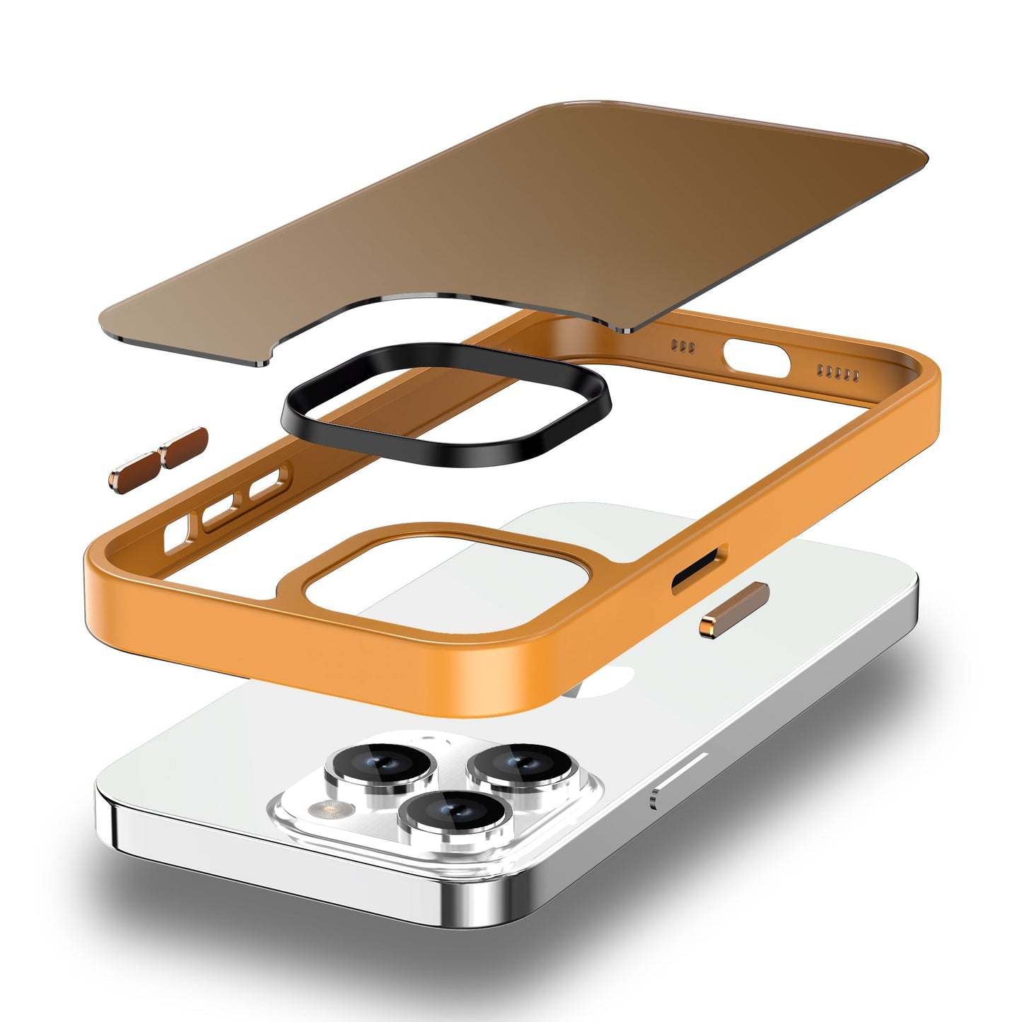 Eine Explosionsansicht des MR PROTECT iPhone 15 Case Matt von MR PROTECT mit seinem Smartphone, die die einzelnen Teile zeigt: Telefon, stoßdämpfender Rahmen, Tasten, Kameraobjektivabdeckung und transparenter Displayschutz – alles vertikal gestapelt.