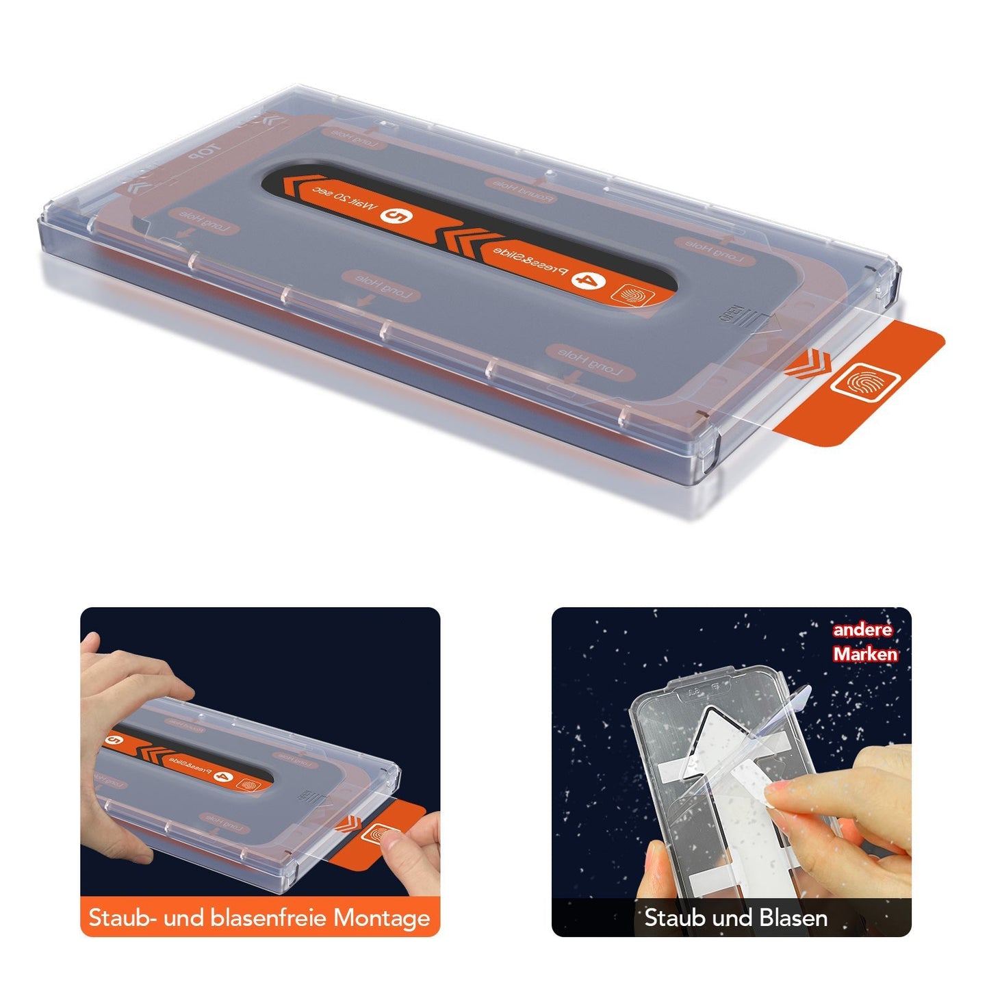 Oben ist die Kunststoff-Installationsschale der EZ.INSTALL Box für das Arktis 2er Set iPhone REVOLUTION Glas-Displayschutz abgebildet. Die Bilder unten vergleichen die einfache, blasenfreie Installation (links) mit einem Schutz mit Staub und Blasen (rechts).
