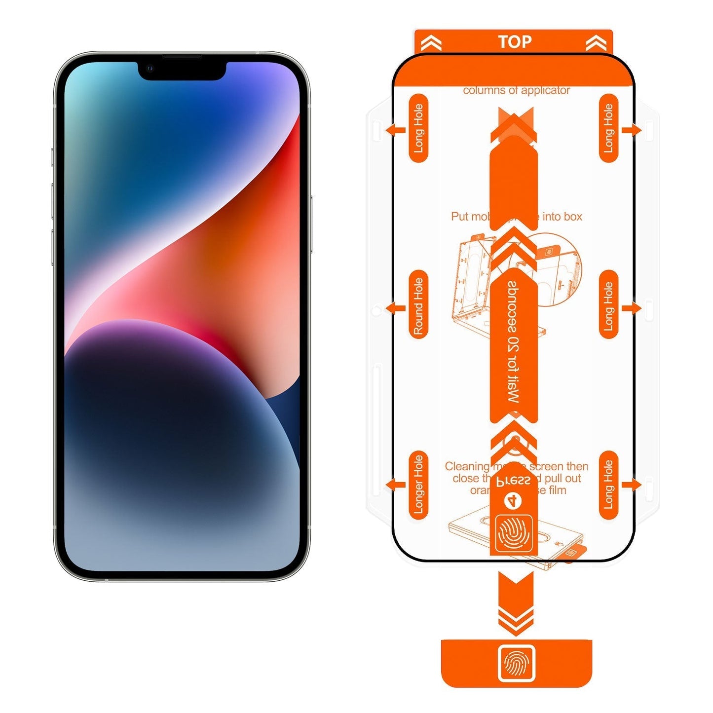 Neben einem Smartphone ist eine orange-weiße EZ.INSTALL-Box-Anleitung mit beschrifteten Registerkarten abgebildet, die Anweisungen und Ausrichtungsmarkierungen für die einfache Anwendung des Arktis 2er Set iPhone REVOLUTION Glas-Displayschutzes enthält.