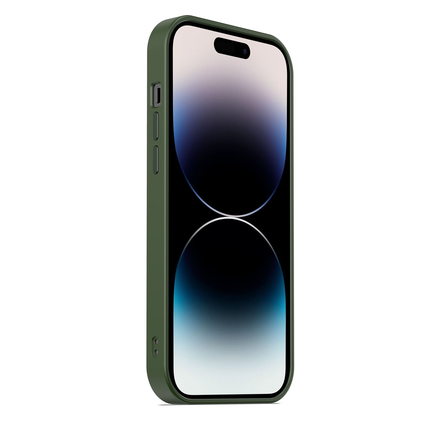 Eine grüne MR PROTECT iPhone 15 Hülle Matt mit minimalistischem Mattdesign und sichtbaren Seitentasten schützt ein aufrecht stehendes Telefon, auf dessen Bildschirm abstrakte schwarz-weiß-blaue Farbverlaufskreise angezeigt werden.