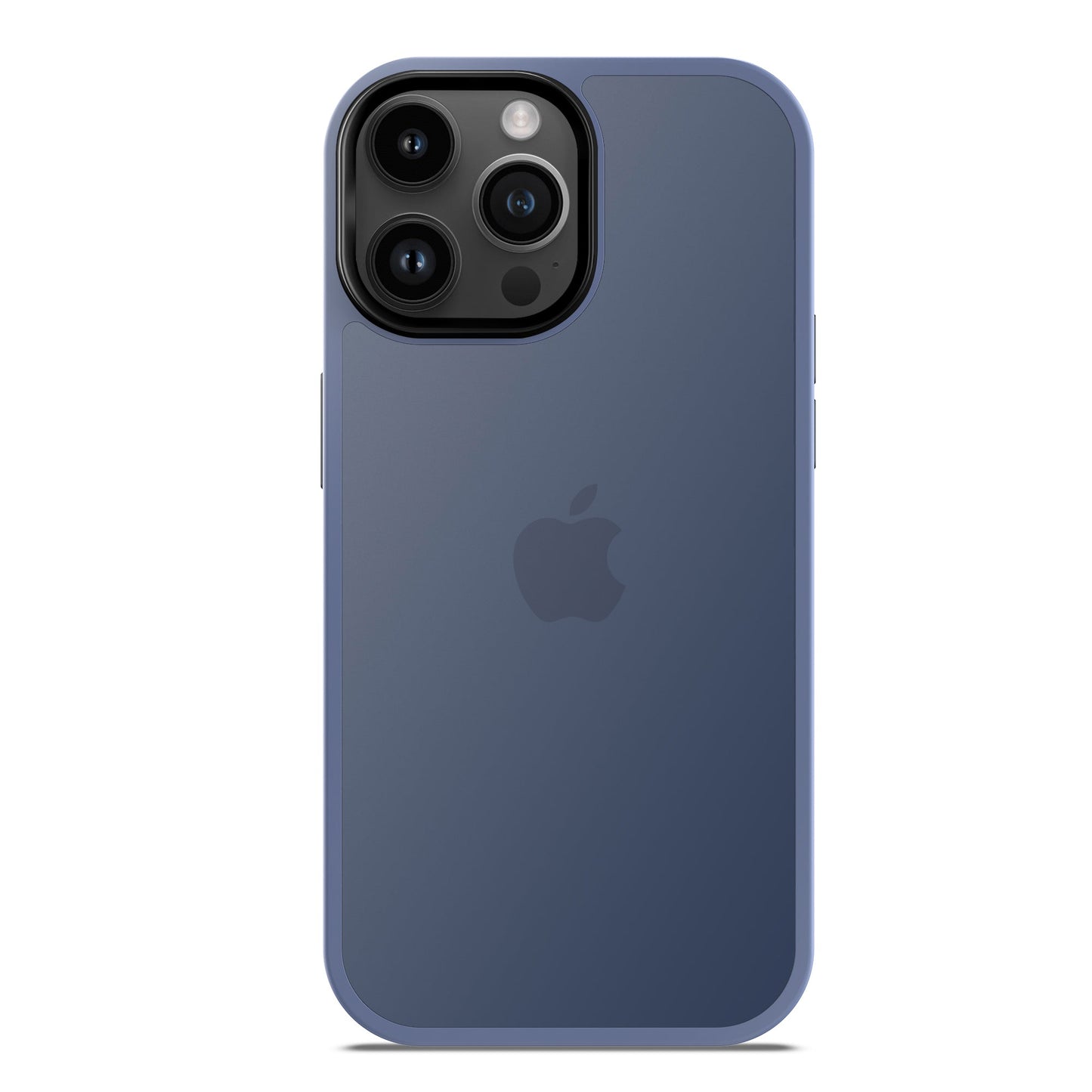 Die Rückseite eines blauen MR PROTECT iPhone 15 Pro Case Matt ist zu sehen, mit matter Oberfläche, drei Kameralinsen und einem Apple-Logo in der Mitte der Rückseite.