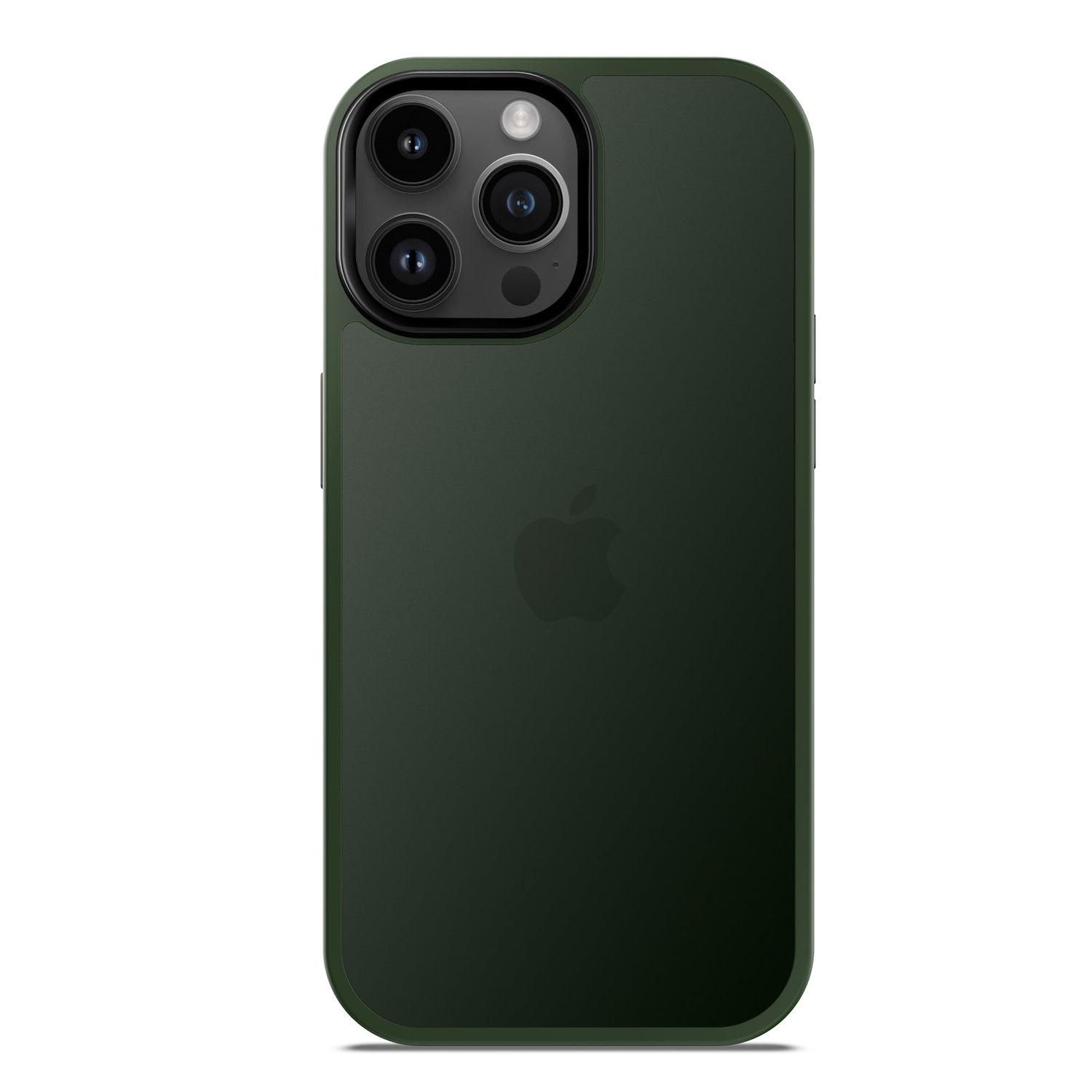 Abgebildet ist ein dunkelgrünes iPhone von der Rückseite mit einem MR PROTECT iPhone 15 Pro Case Matt in minimalistischer Mattoptik, das drei Kameralinsen und mittig das Apple-Logo zeigt.
