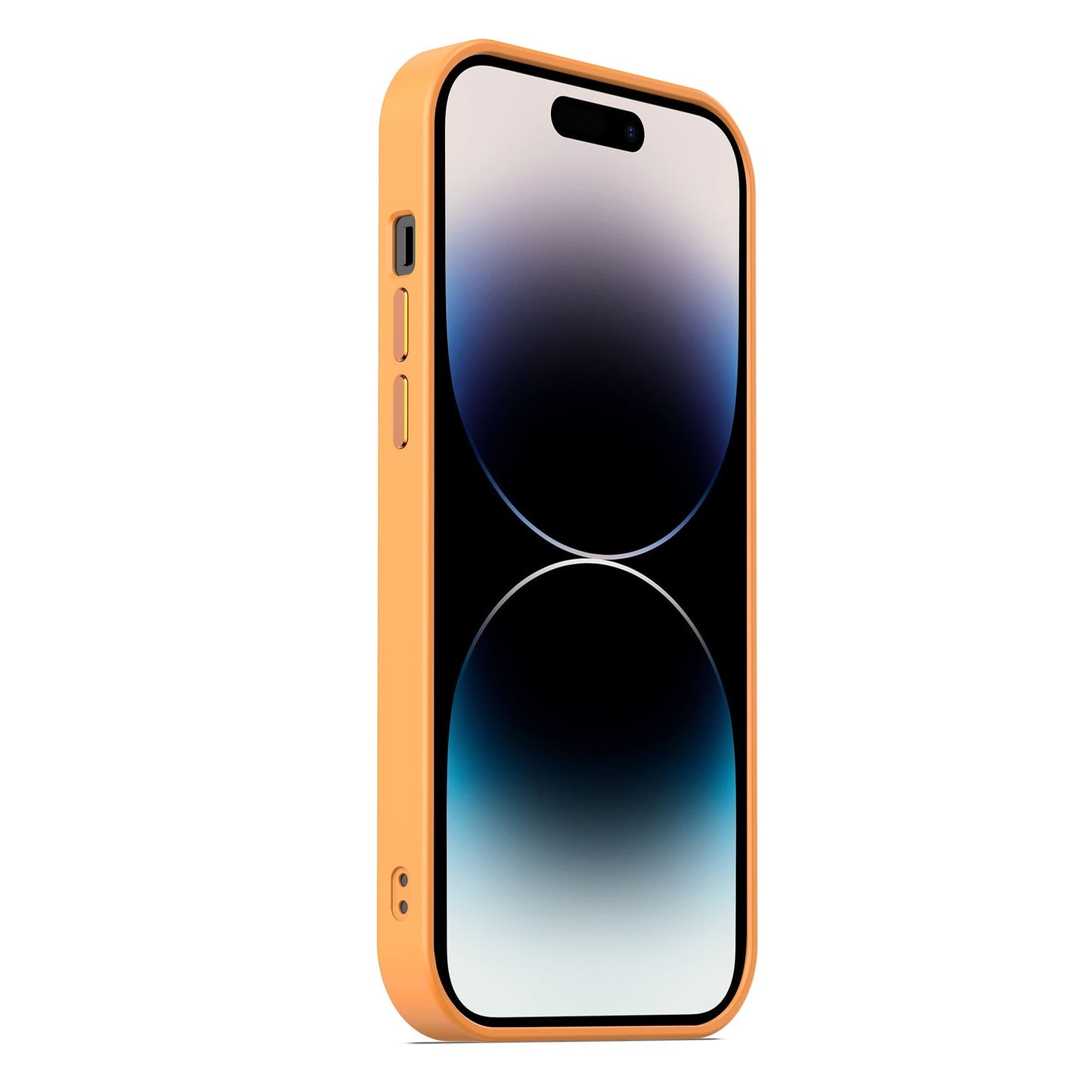 Ein Smartphone mit einem schwarz-blauen Farbverlaufs-Hintergrundbild wird schräg in der orangefarbenen MR PROTECT iPhone 15 Pro Max MagSafe Case Matt angezeigt, die flache Kanten, Tasten auf der linken Seite und eine Aussparung für die Frontkamera oben aufweist.