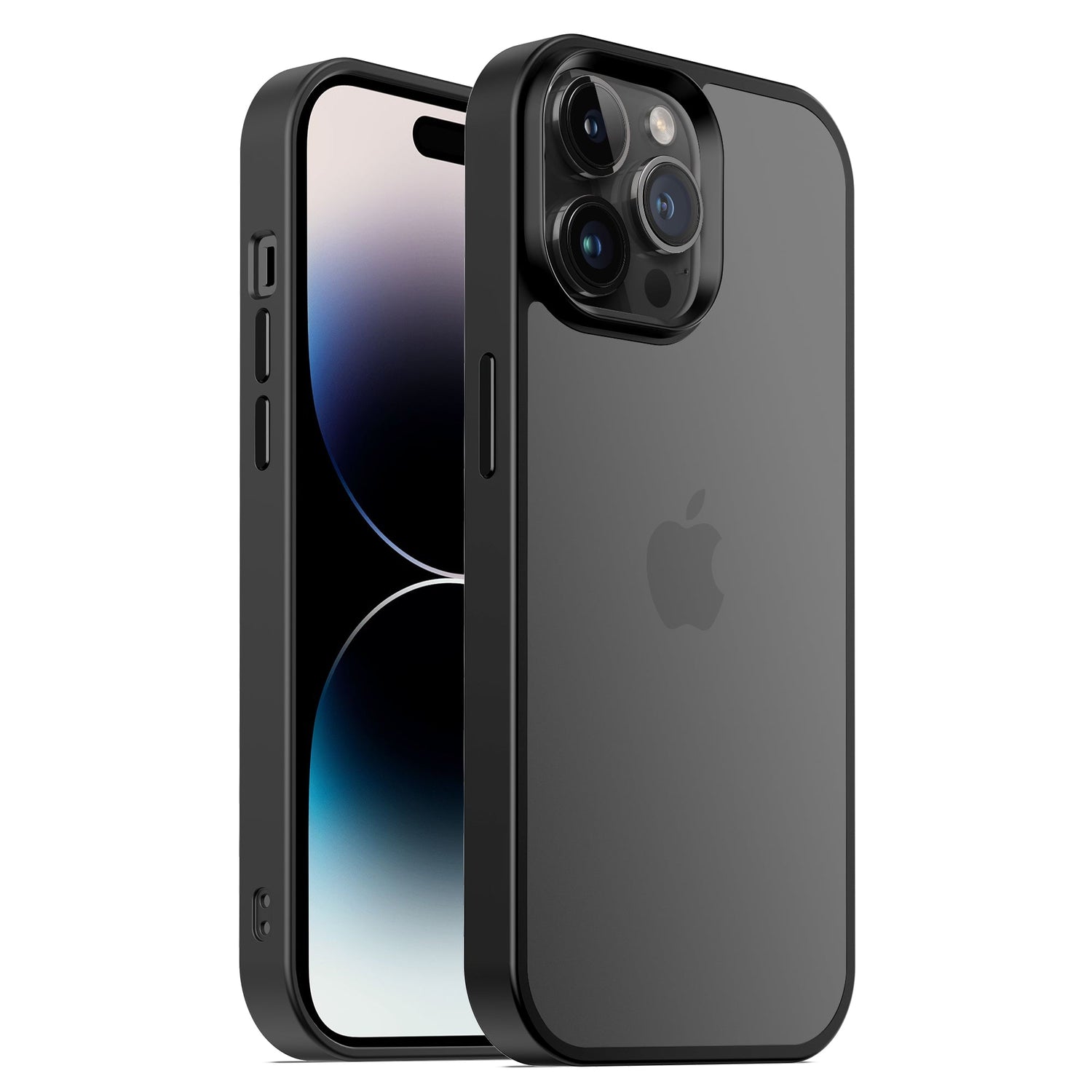 Das MR PROTECT iPhone 15 Pro Case Matt von MR PROTECT ist eine schlanke, schwarze TPU-Silikonhülle in minimalistischem Matt-Look mit Apple-Logo und Dreifachkamera. Vorder- und Rückseite betonen das stoßdämpfende Design.