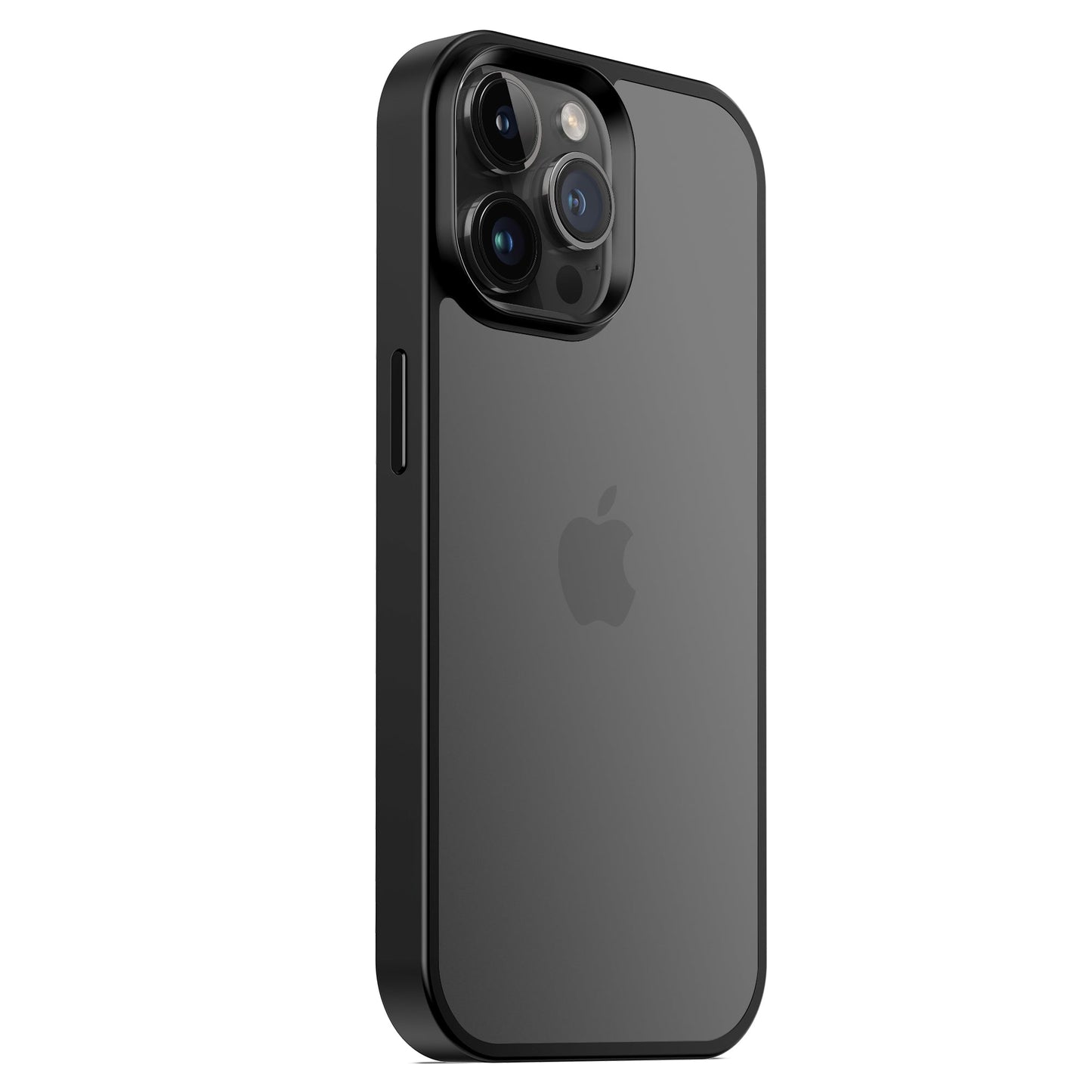 Ein schwarzes MR PROTECT iPhone 15 Pro Case Matt mit mattem Finish aus stoßdämpfendem TPU-Silikon, aus einem Winkel gezeigt, der das Dreifachkameramodul hervorhebt.